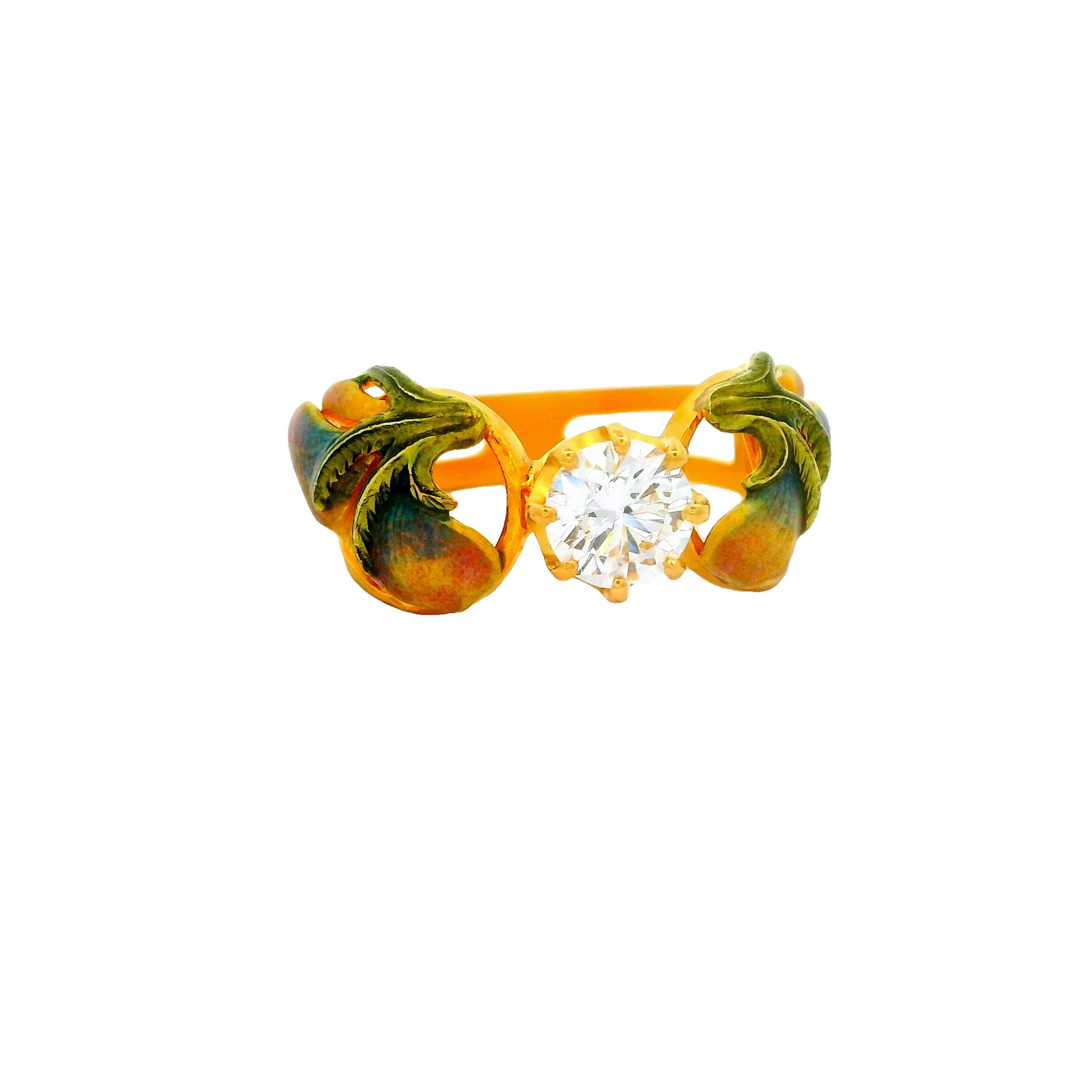 An original piece by Barcelona based designer Masriera. This striking ring features a large round-cut white diamond, weighing 0.75 carats, which is the focal point of this contemporary ring. The diamond's brilliance is enhanced by its round cut, set