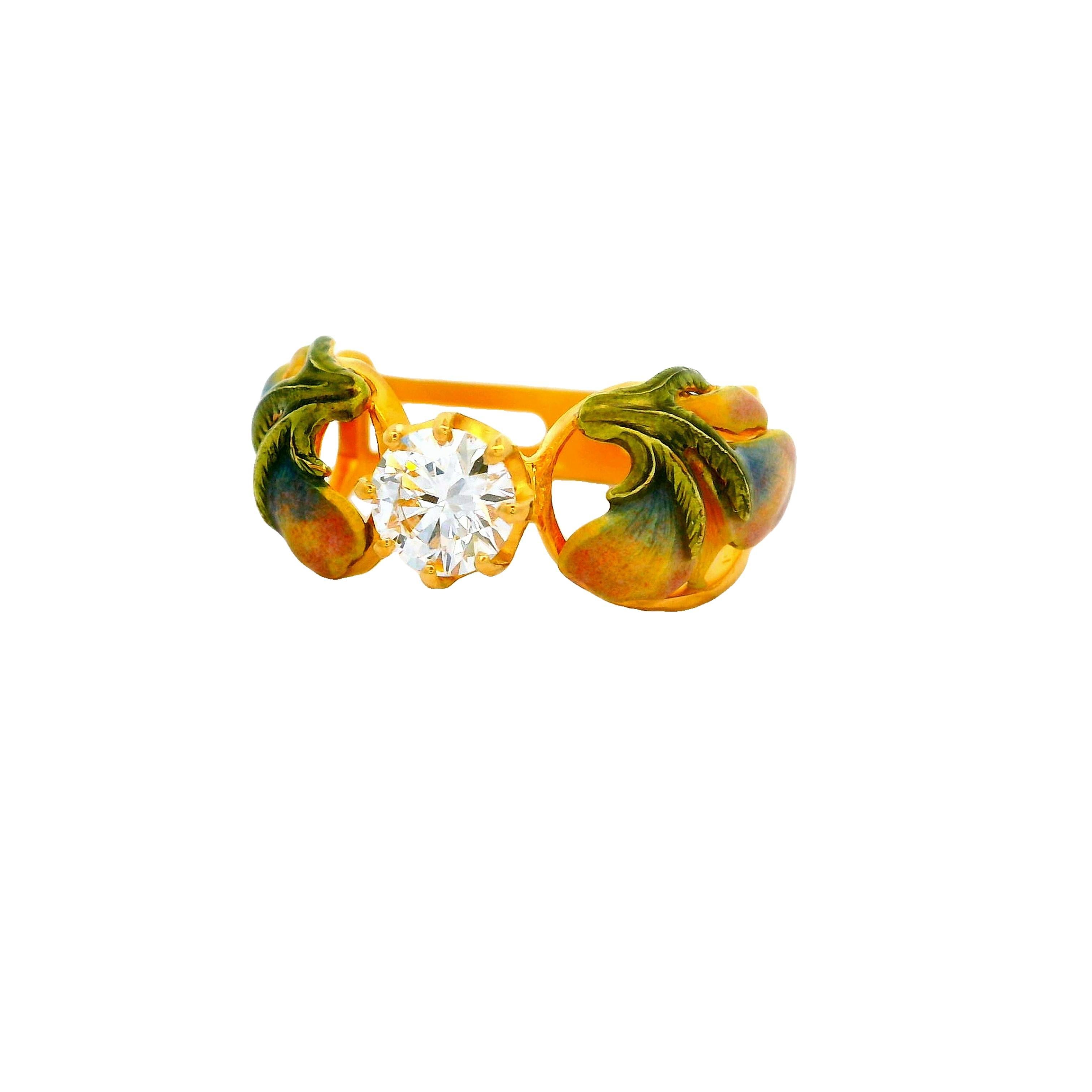 Contemporary Masriera Diamond Solitaire Enamel 18k Yellow Gold Ring For Sale
