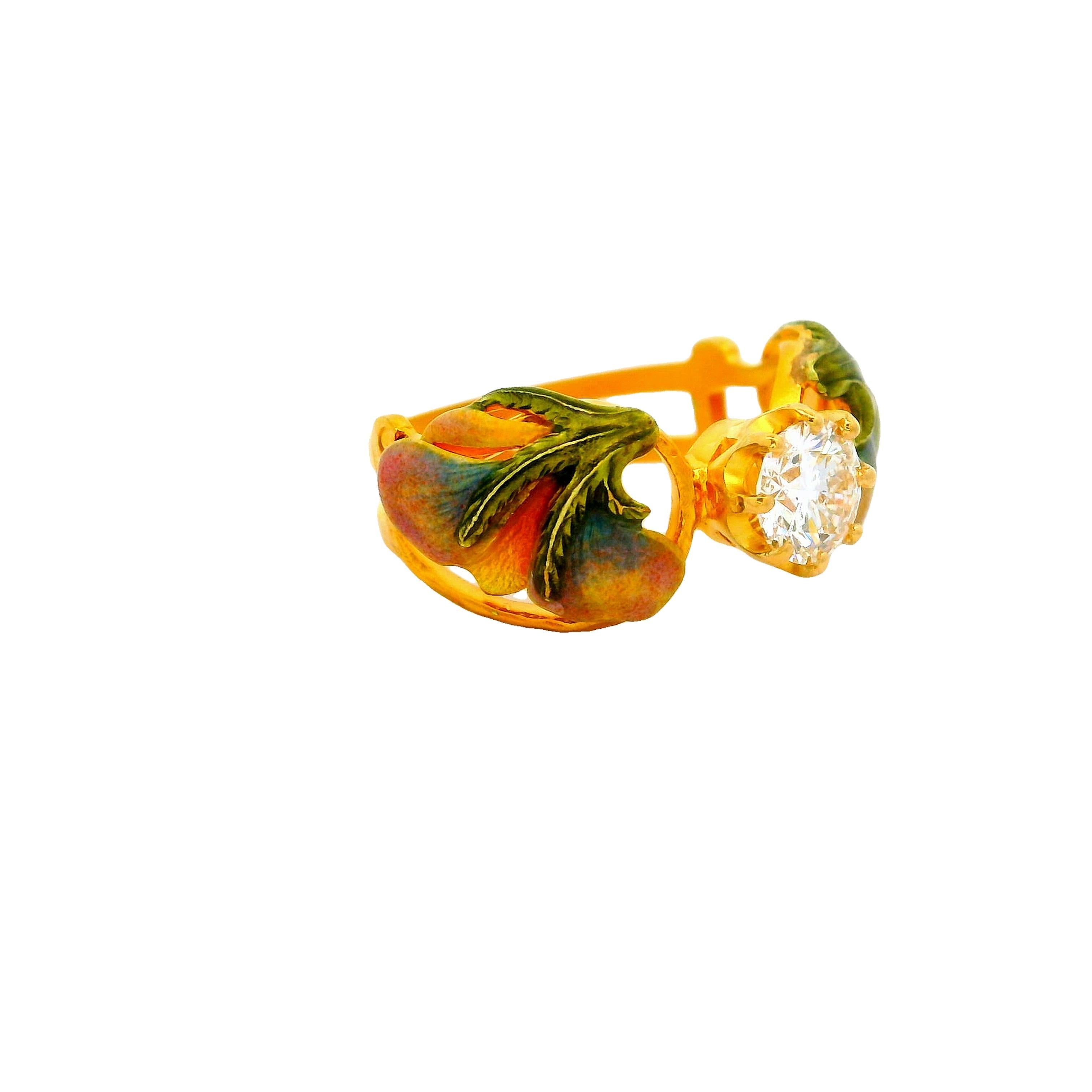 Round Cut Masriera Diamond Solitaire Enamel 18k Yellow Gold Ring For Sale