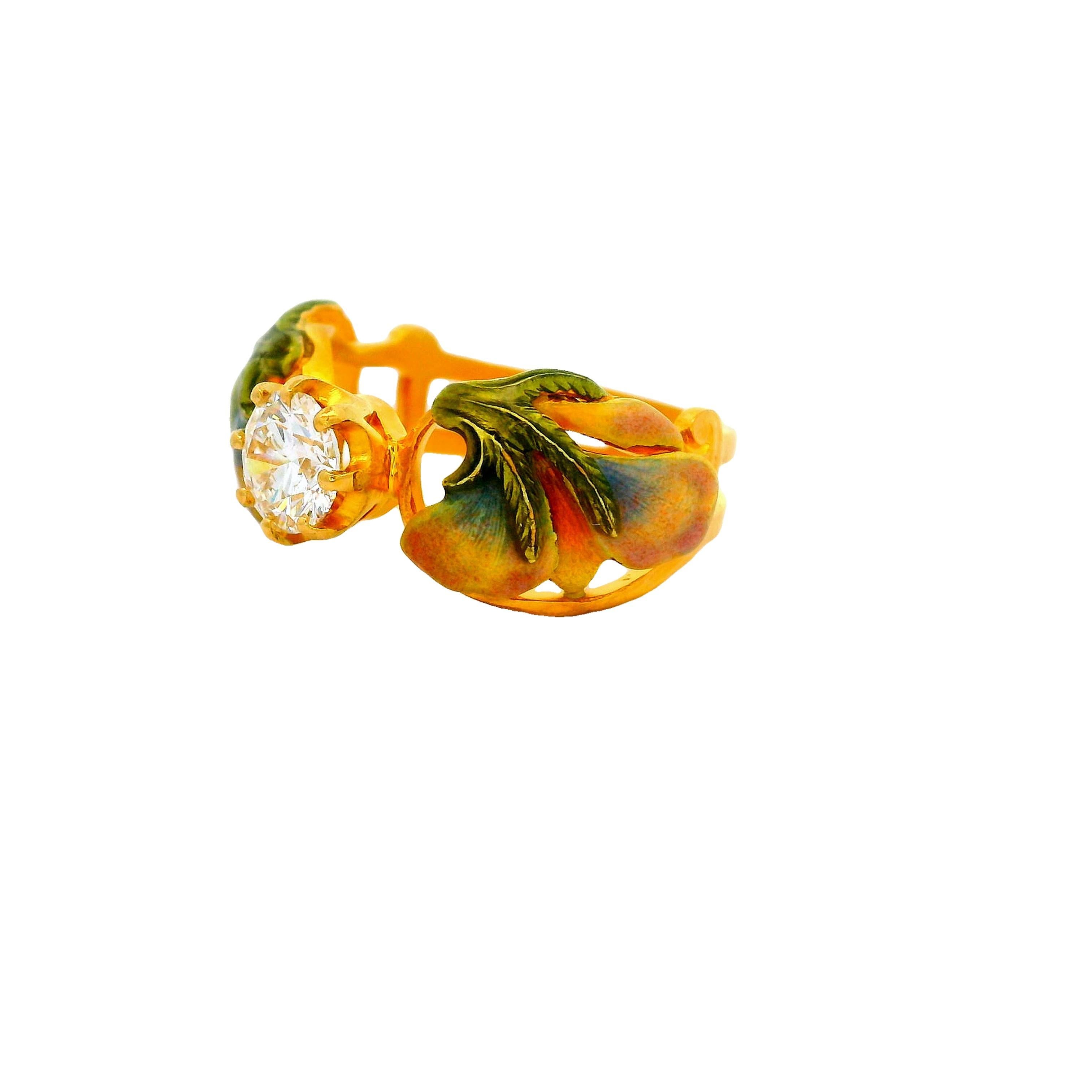 Masriera Diamond Solitaire Enamel 18k Yellow Gold Ring In Excellent Condition For Sale In Beverly Hills, CA