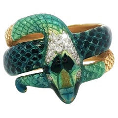 Masriera Enamel Snake Ring 18K Gold with Diamond Size 7