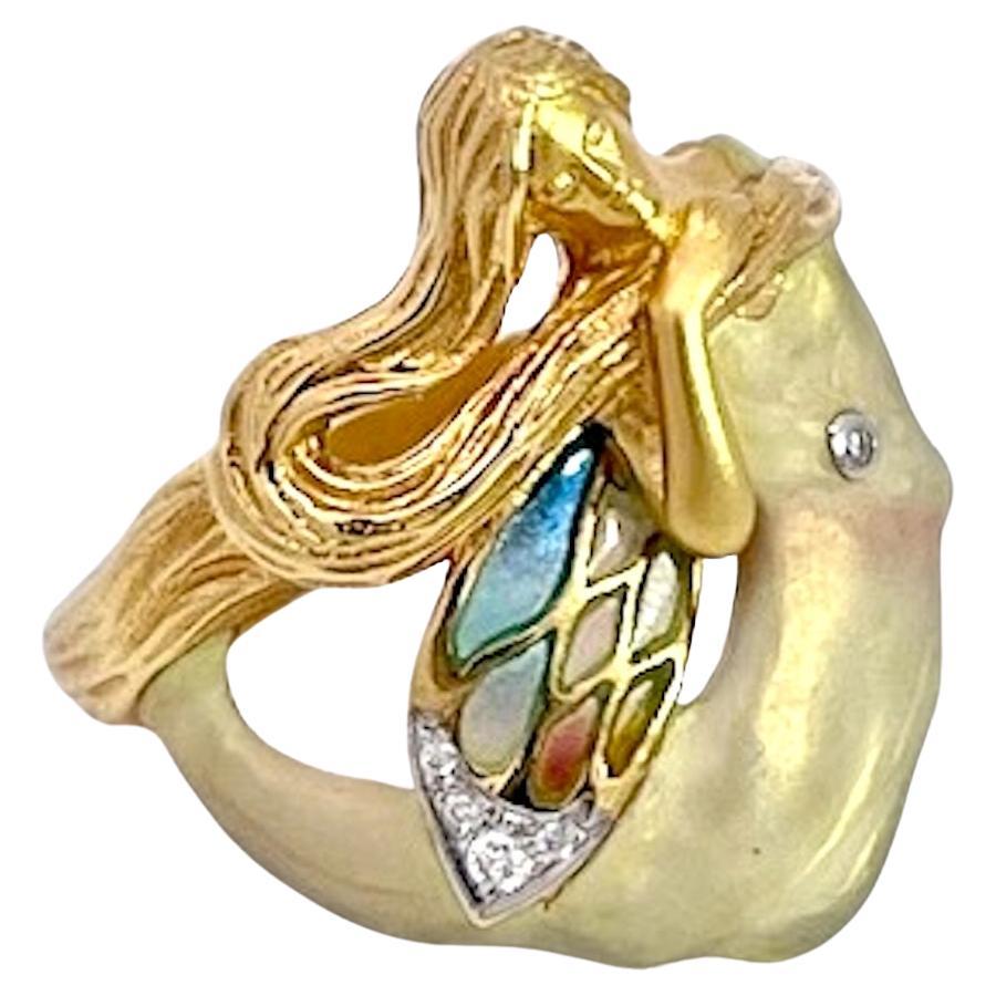 Anello con smalto a sirena Masriera 18K in vendita