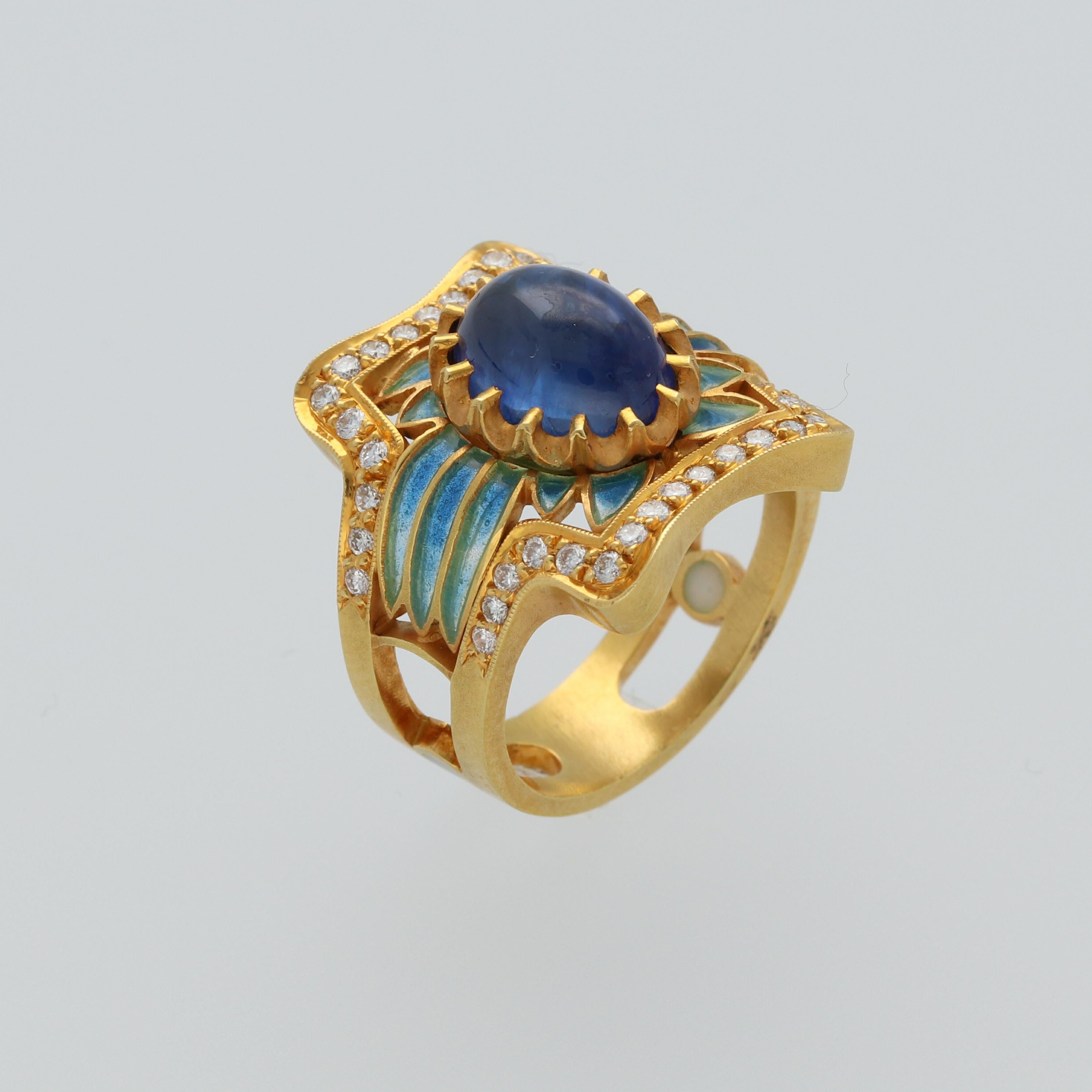 Masriera Modernist Blue Sapphire Diamonds Fired Enamel Yellow Gold Fashion Ring 5