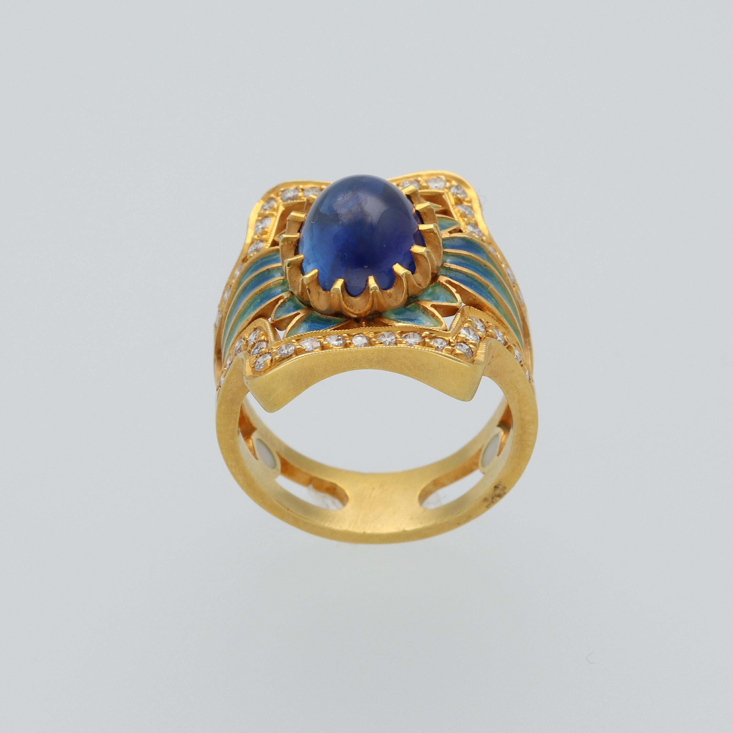 Masriera Modernist Blue Sapphire Diamonds Fired Enamel Yellow Gold Fashion Ring 6