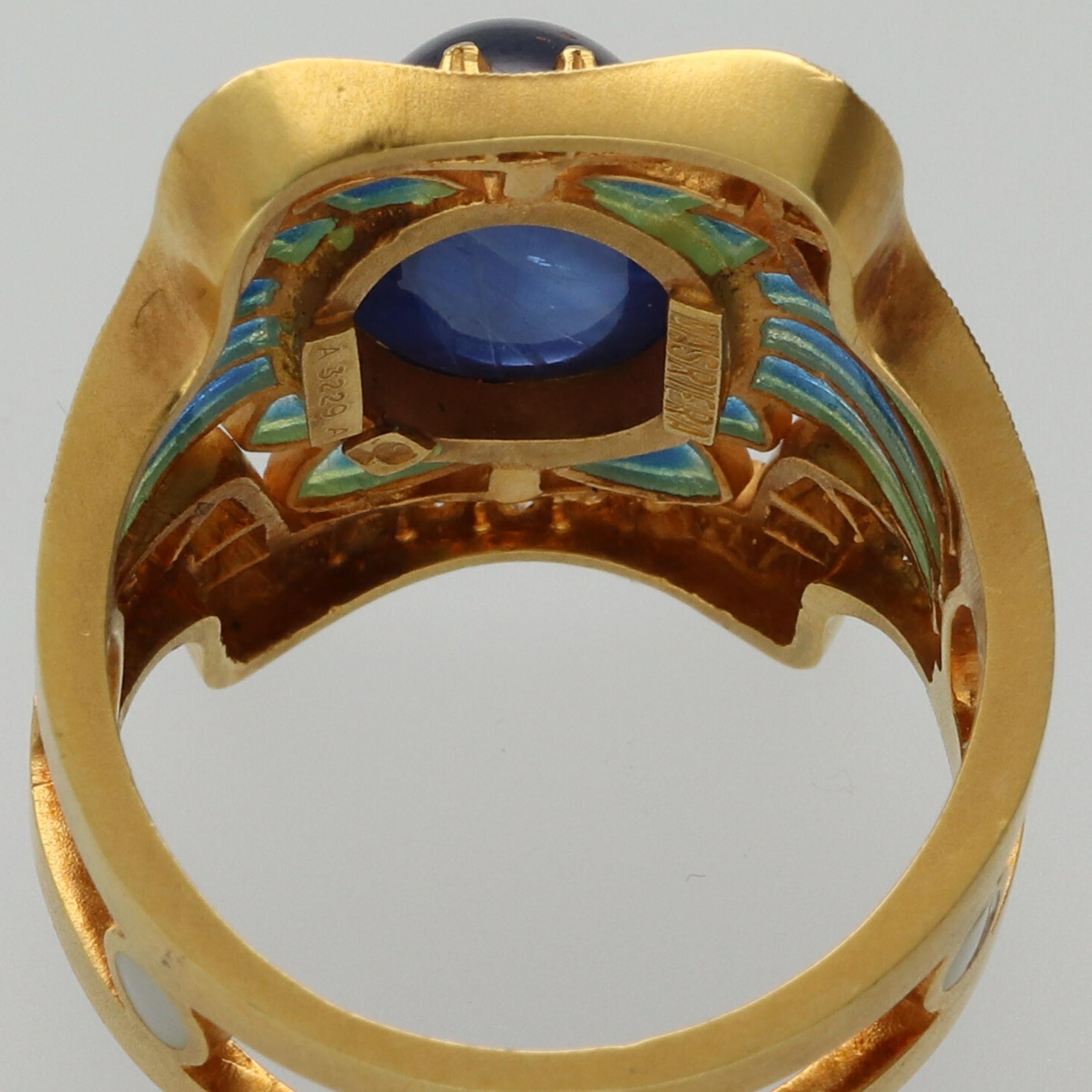 Masriera Modernist Blue Sapphire Diamonds Fired Enamel Yellow Gold Fashion Ring 7