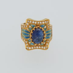 Masriera Modernist Blue Sapphire Diamonds Fired Enamel Yellow Gold Fashion Ring