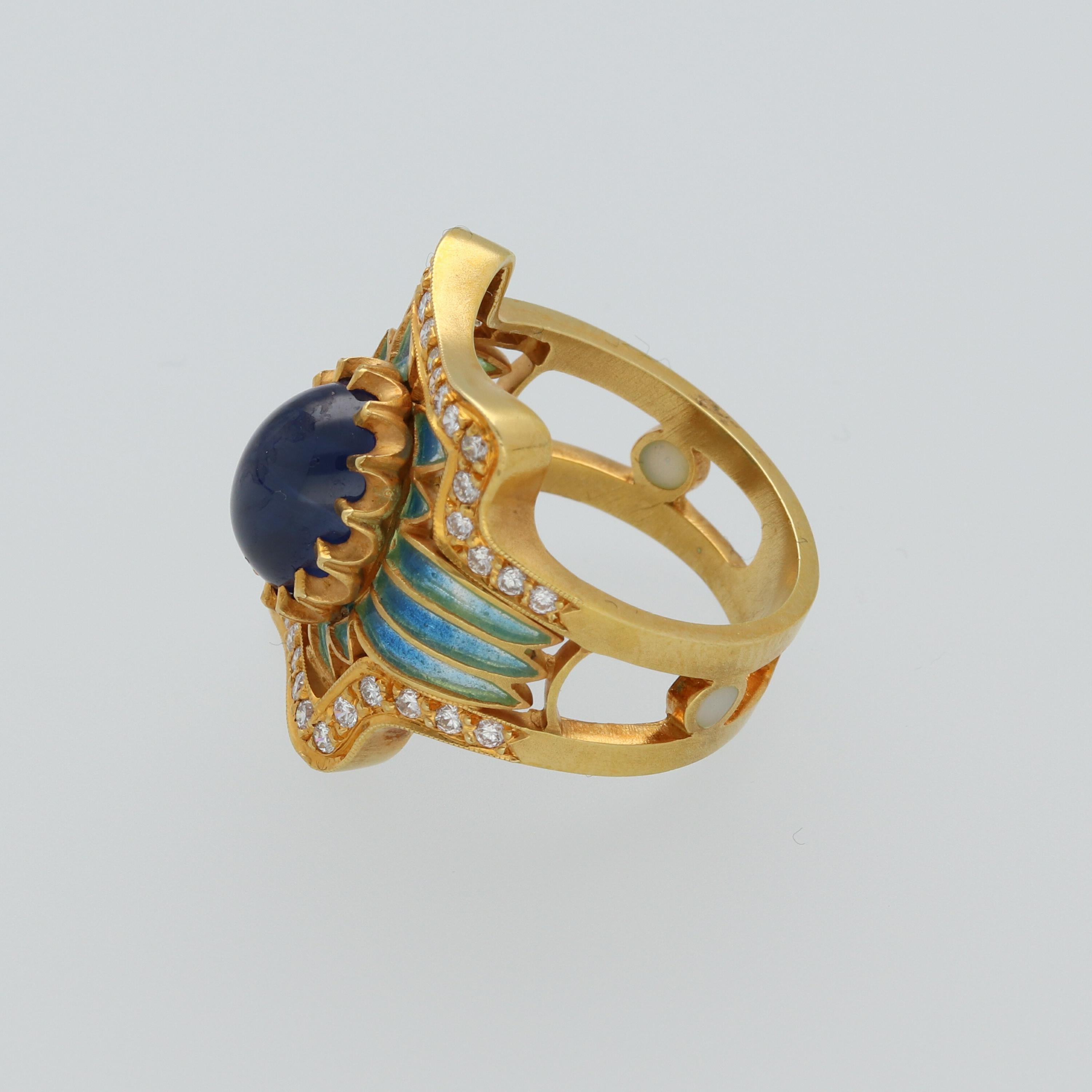 Round Cut Masriera Modernist Blue Sapphire Diamonds Fired Enamel Yellow Gold Fashion Ring