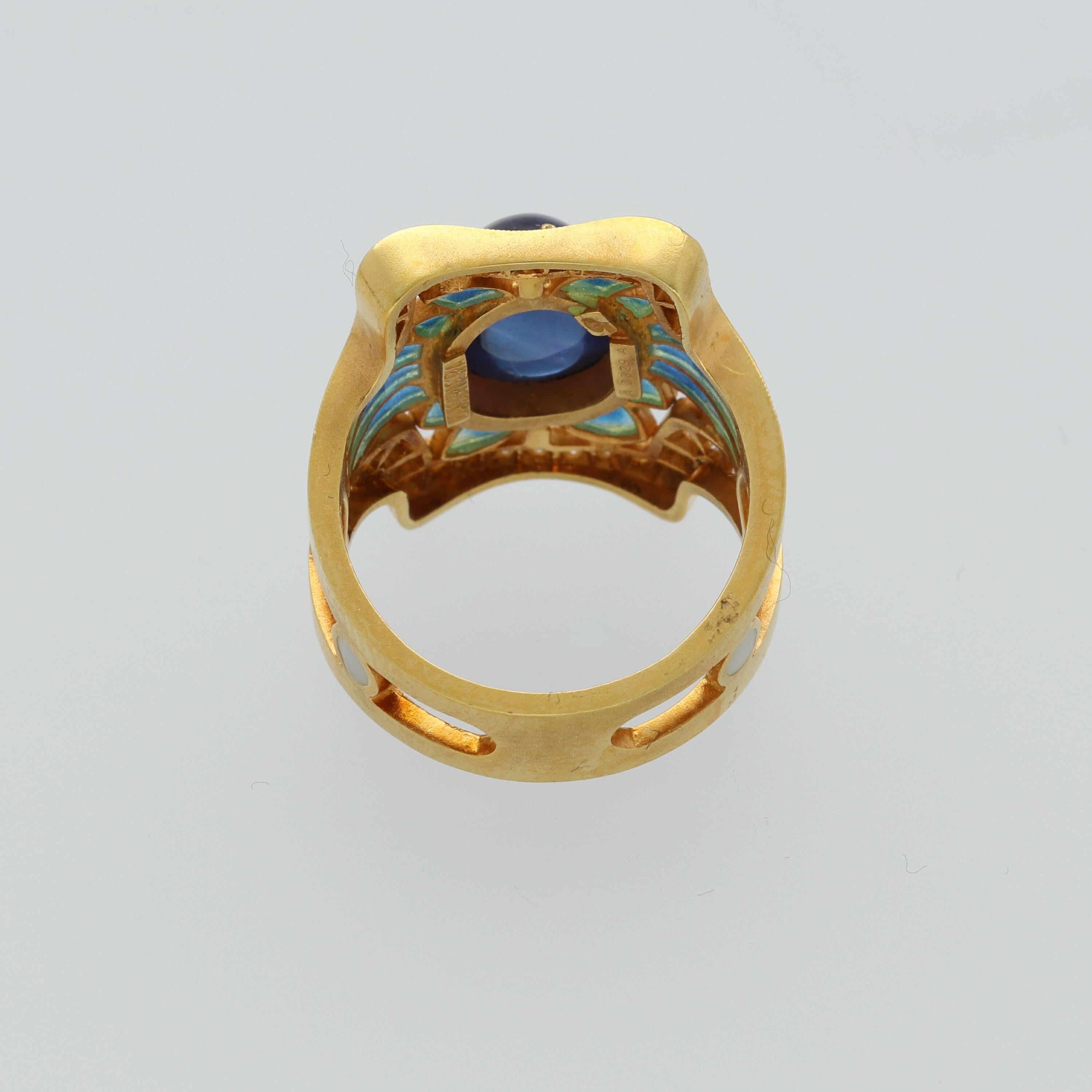 Women's Masriera Modernist Blue Sapphire Diamonds Fired Enamel Yellow Gold Fashion Ring