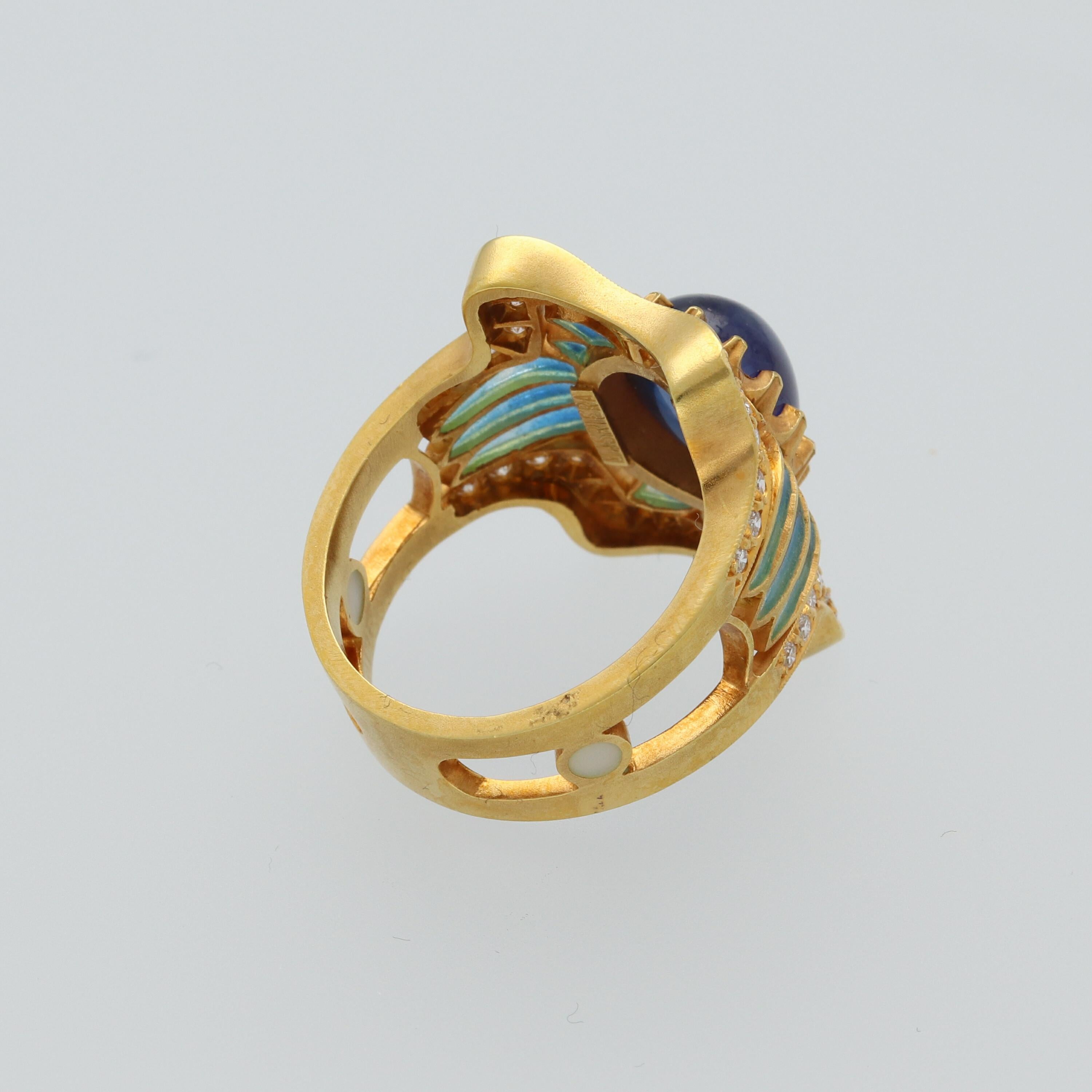 Masriera Modernist Blue Sapphire Diamonds Fired Enamel Yellow Gold Fashion Ring 1