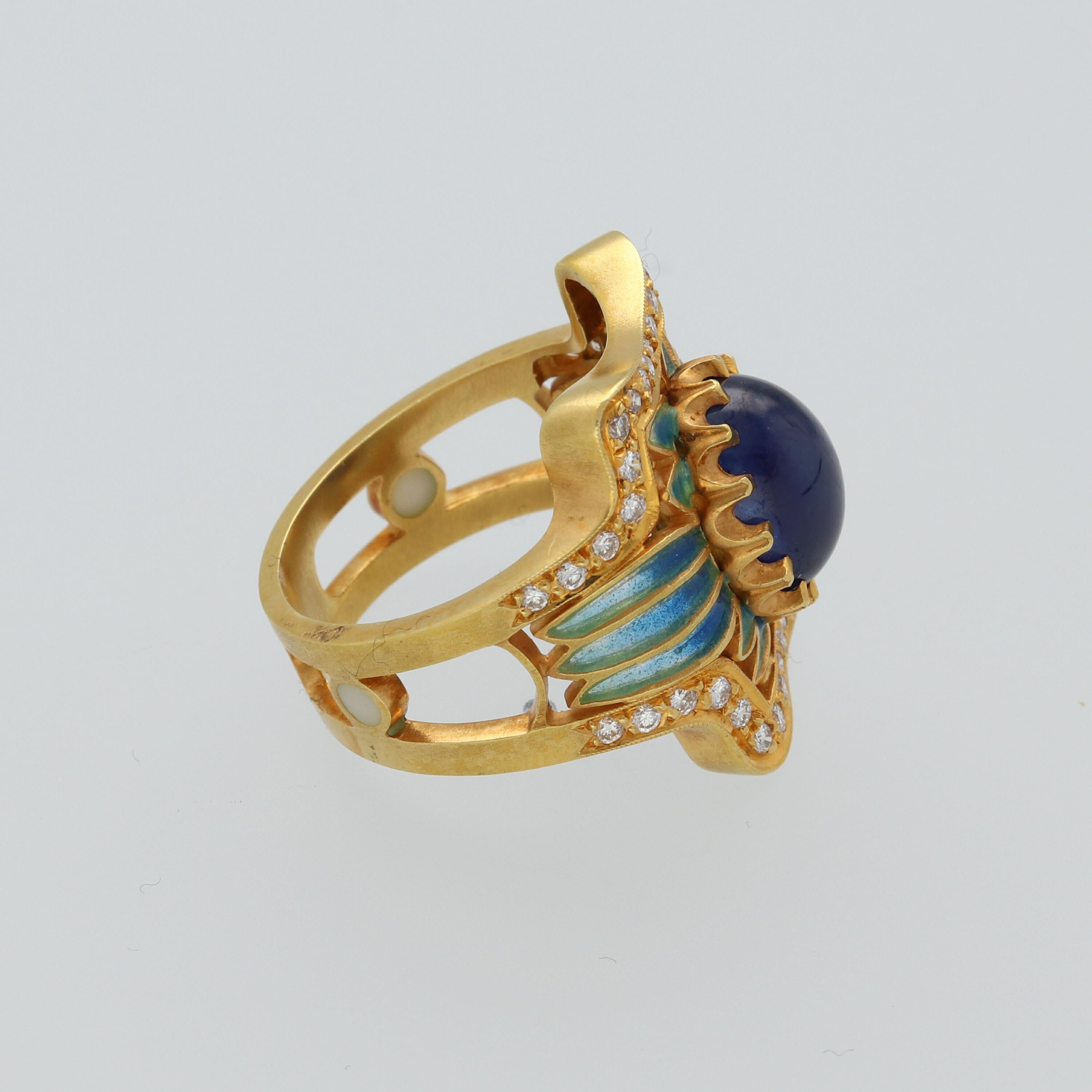 Masriera Modernist Blue Sapphire Diamonds Fired Enamel Yellow Gold Fashion Ring 2