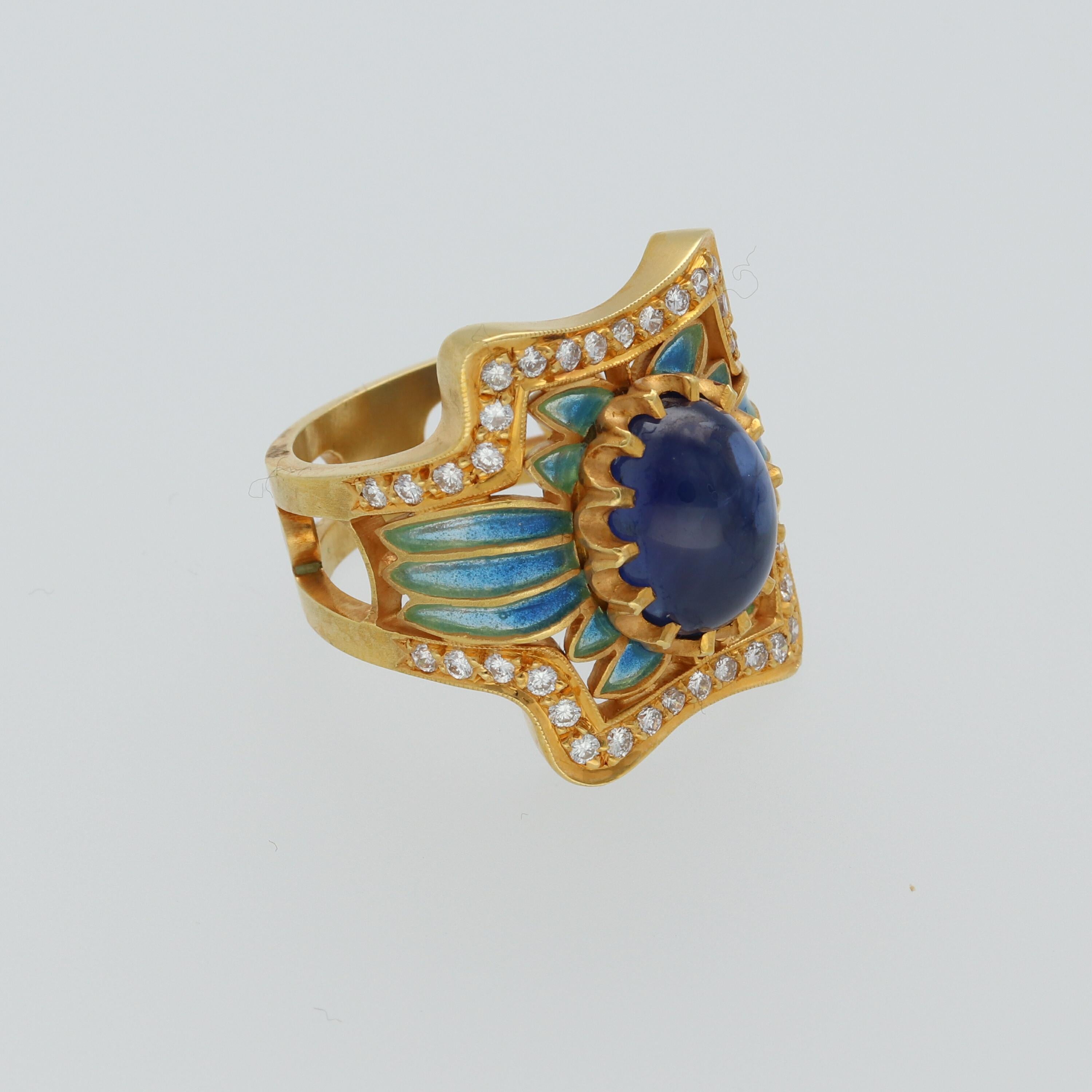 Masriera Modernist Blue Sapphire Diamonds Fired Enamel Yellow Gold Fashion Ring 3