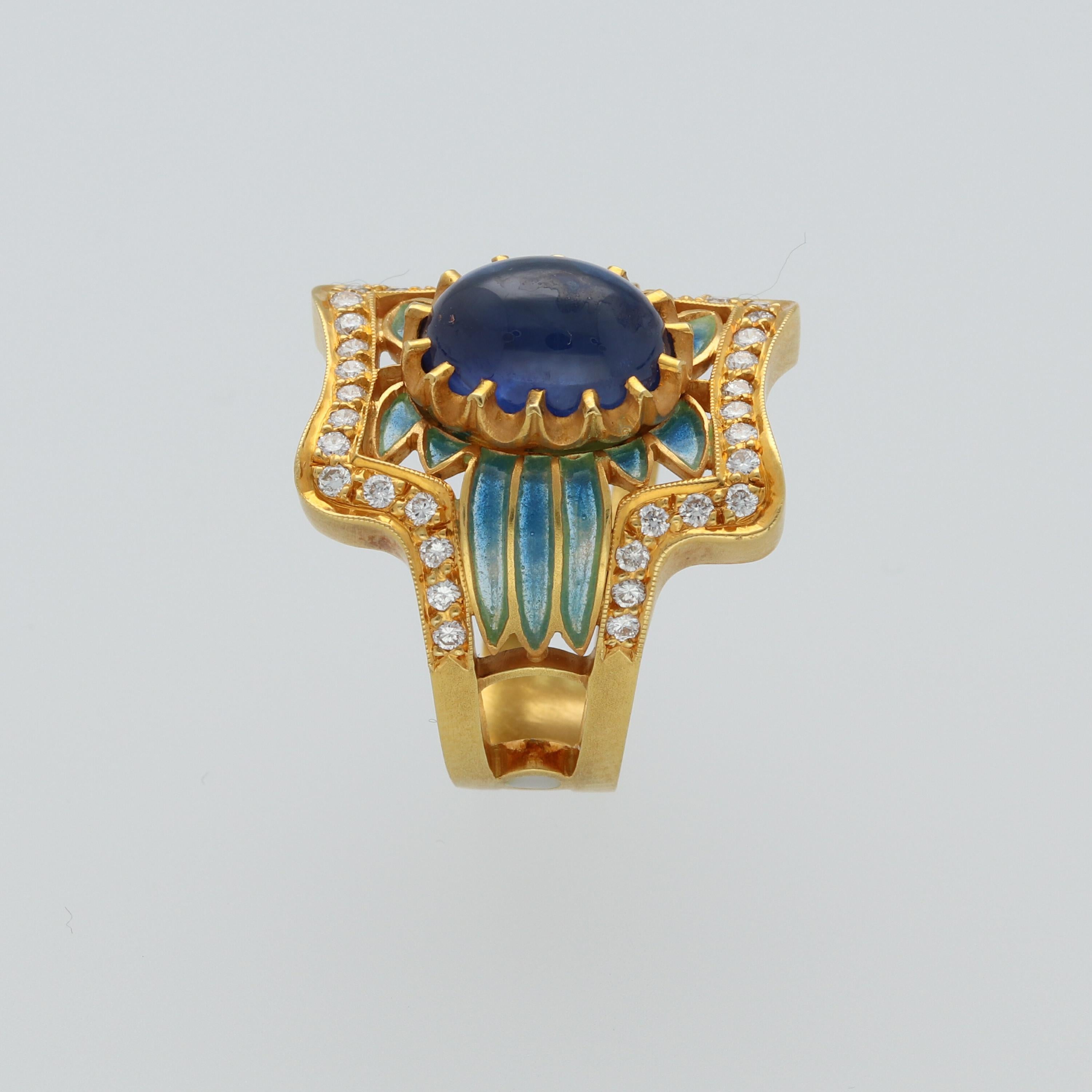 Masriera Modernist Blue Sapphire Diamonds Fired Enamel Yellow Gold Fashion Ring 4