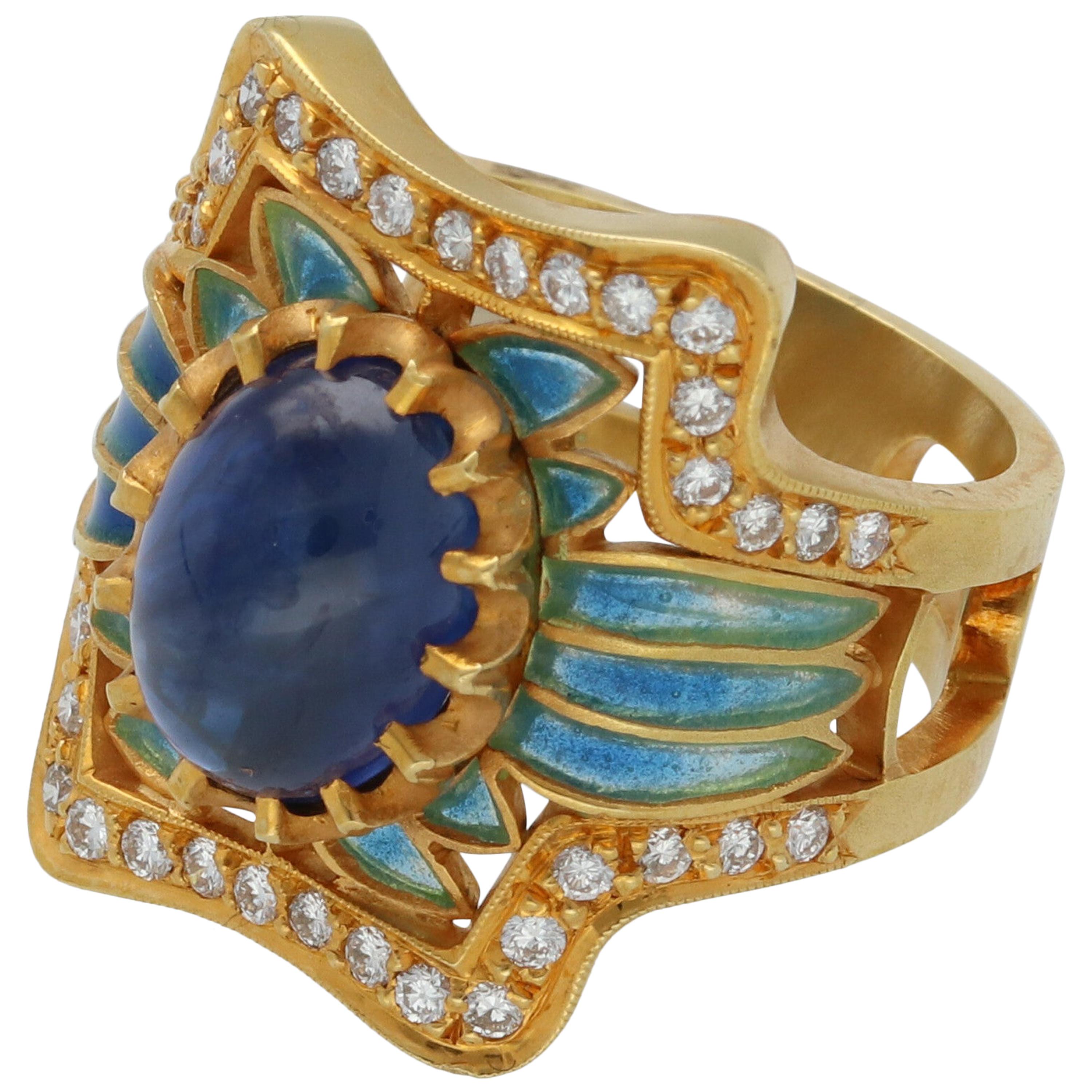 Masriera Modernist Blue Sapphire Diamonds Fired Enamel Yellow Gold Fashion Ring