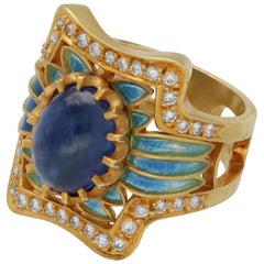 Vintage Masriera Modernist Blue Sapphire Diamonds Fired Enamel Yellow Gold Fashion Ring