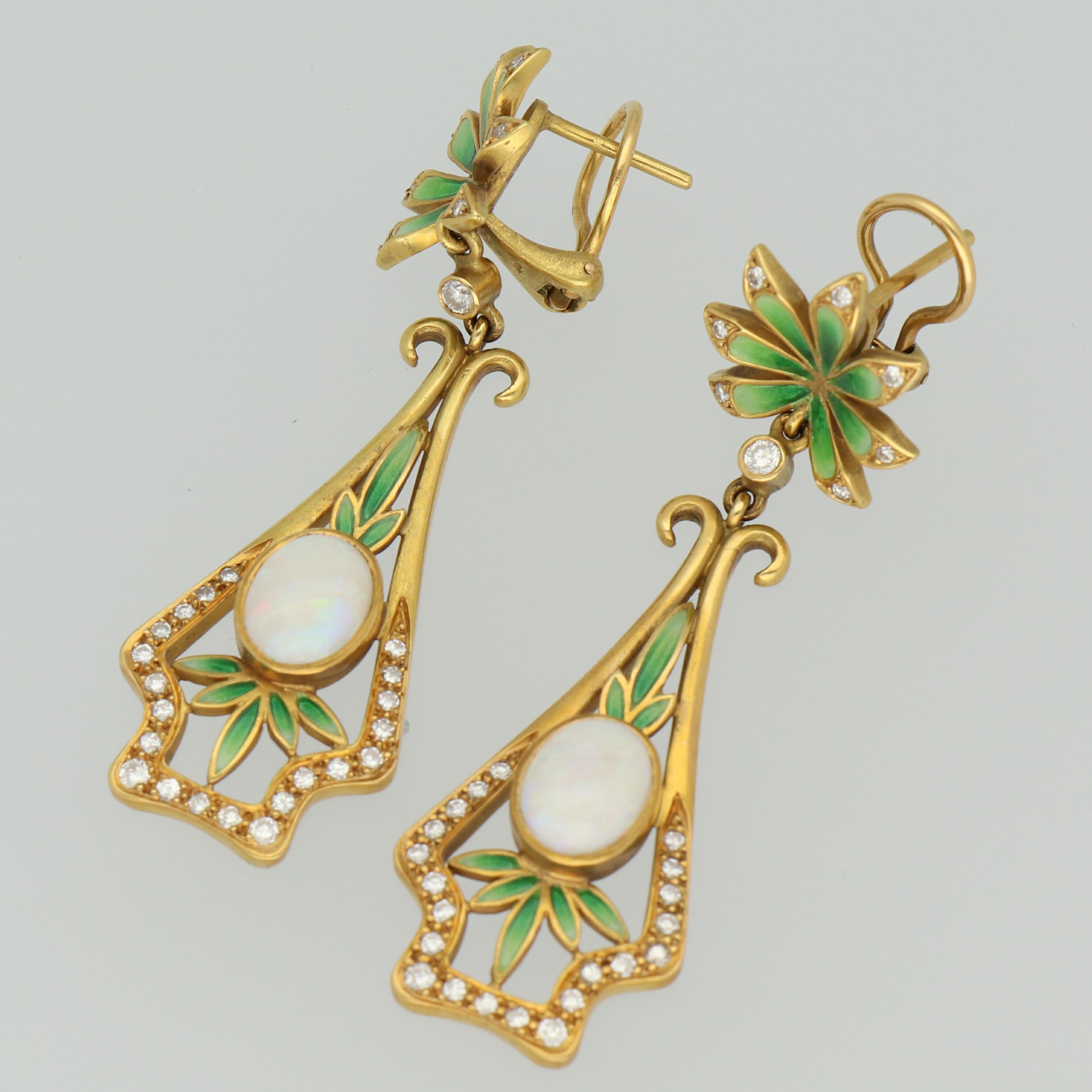 Round Cut Masriera Modernist Opals Diamonds Fired Enamel Matte Gold Drop Earrings