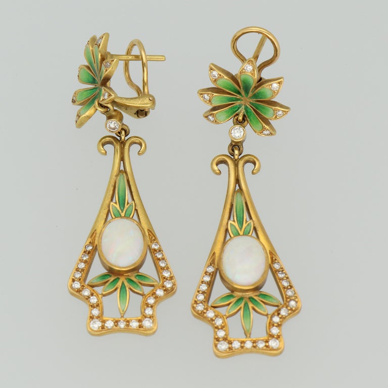 Masriera Modernist Opals Diamonds Fired Enamel Matte Gold Drop Earrings ...