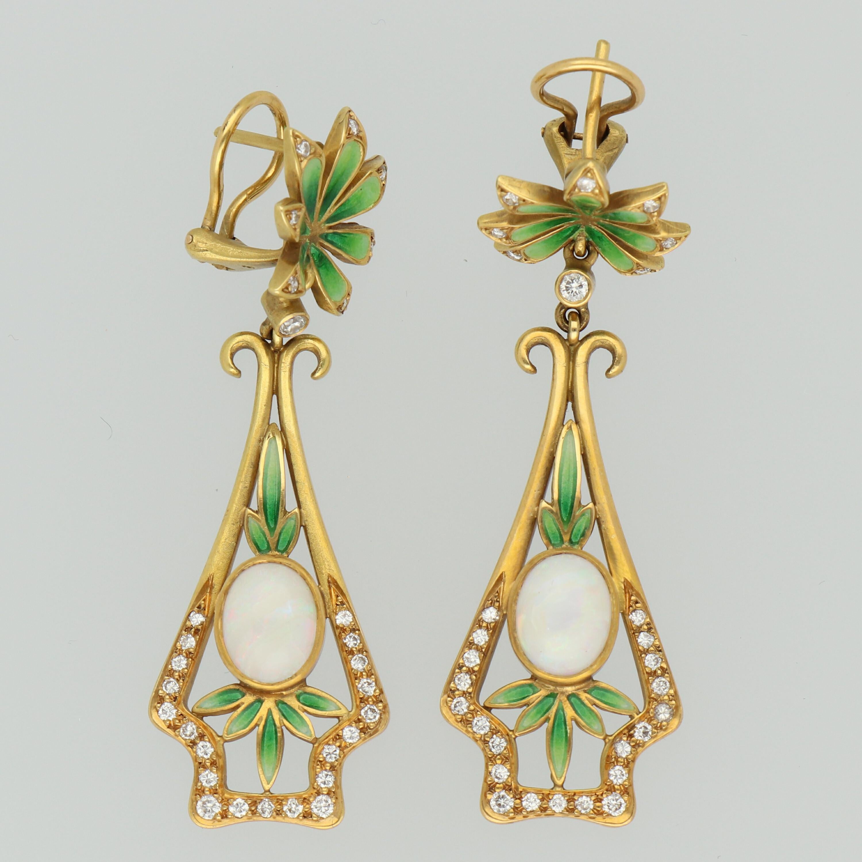 Women's Masriera Modernist Opals Diamonds Fired Enamel Matte Gold Drop Earrings