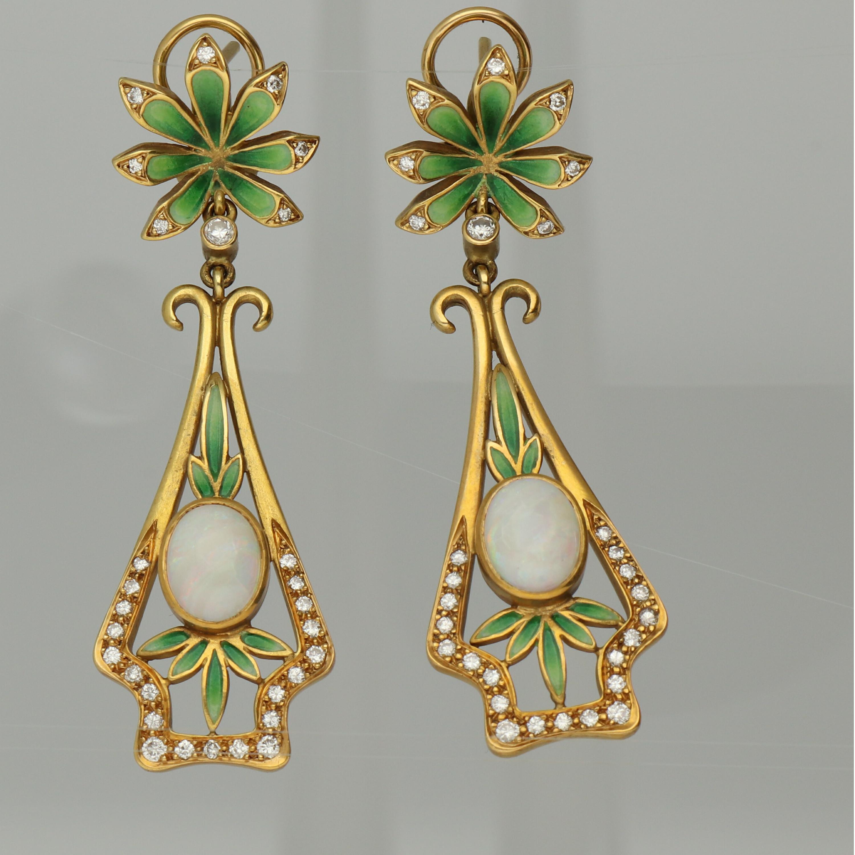 Masriera Modernist Opals Diamonds Fired Enamel Matte Gold Drop Earrings 1