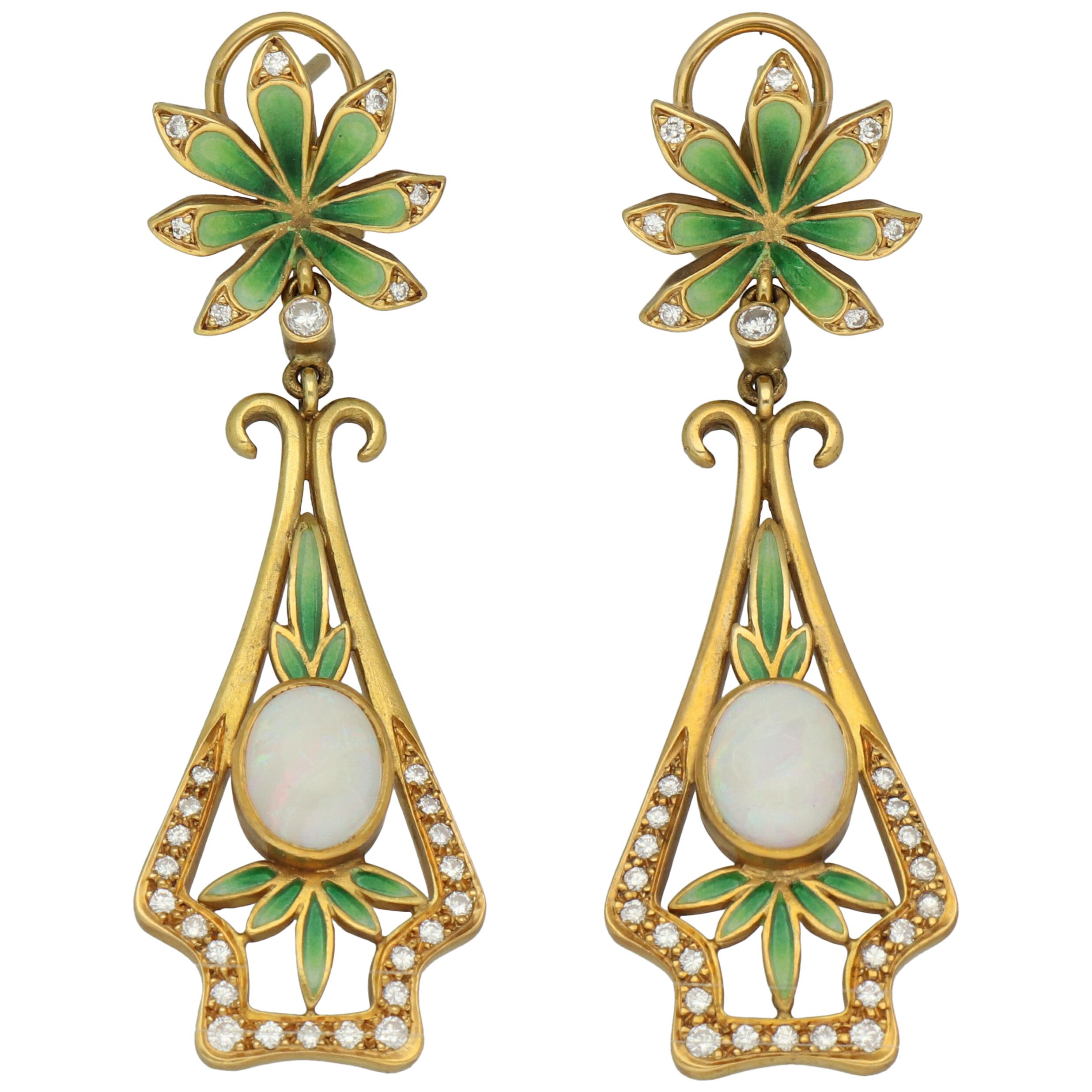 Masriera Modernist Opals Diamonds Fired Enamel Matte Gold Drop Earrings