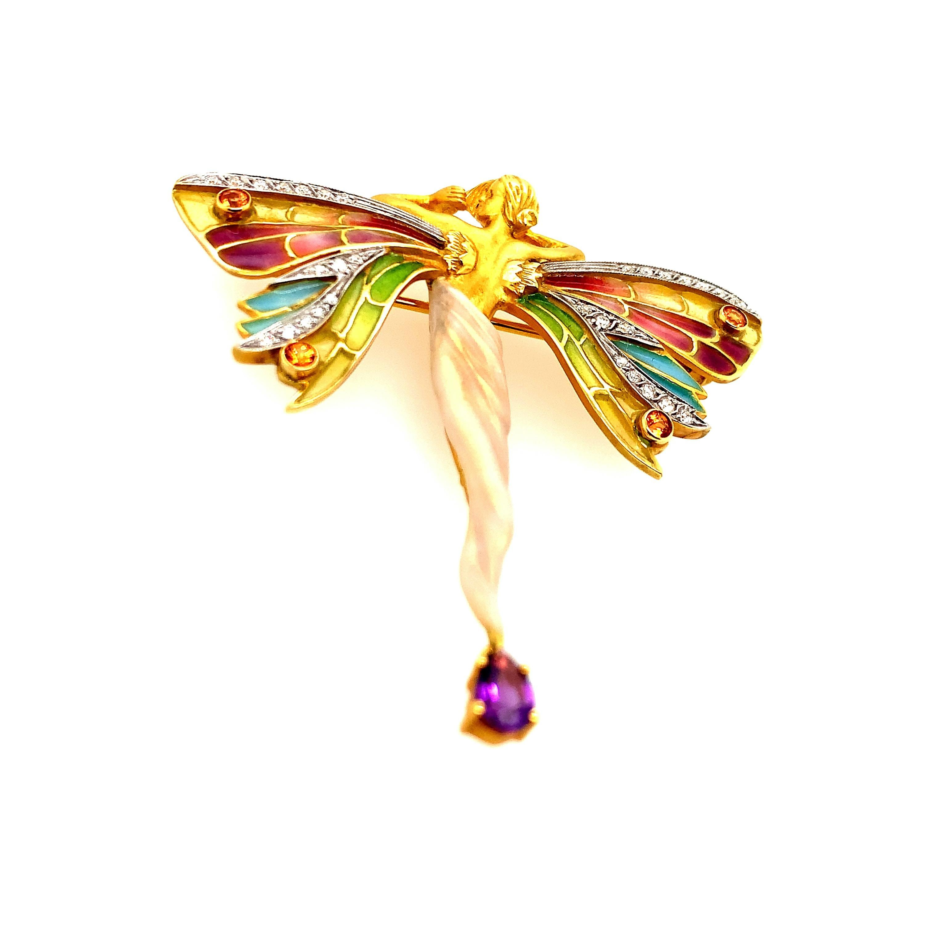 A beautiful Masriera 18kt yellow gold nymph pendant brooch with “plique-à-jour,” 30 brilliant cut 0.25 ct diamonds, 4 citrines, and an amethyst. 

Ref: PB-524
No: G-7788-G