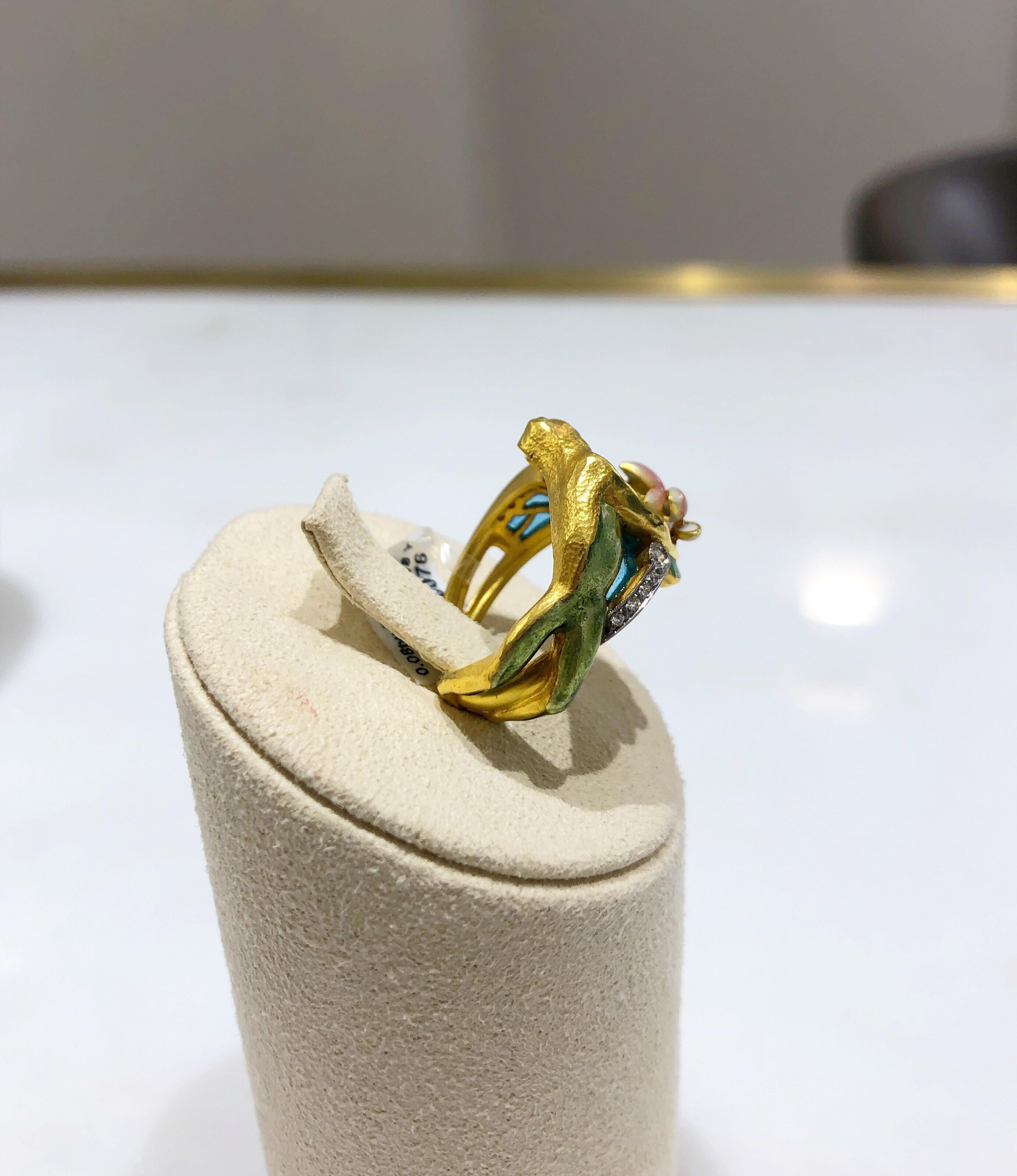 Masriera Plique-a-Jour und Champlevé Emaille-Froschmotiv-Ring mit Diamanten für Damen oder Herren