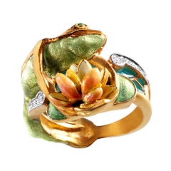 Masriera Plique-a-Jour and Champlevé Enamel Frog Motif Ring with Diamonds