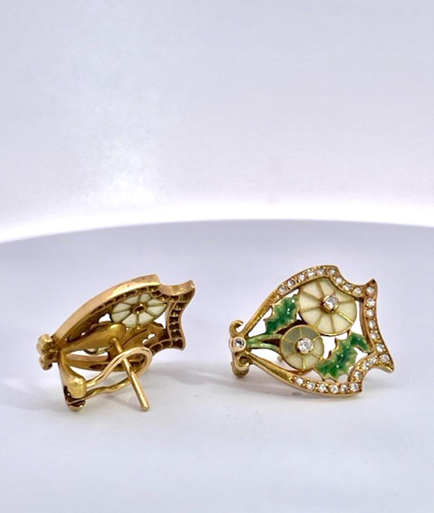 Round Cut Masriera Plique a Jour Earrings 18K