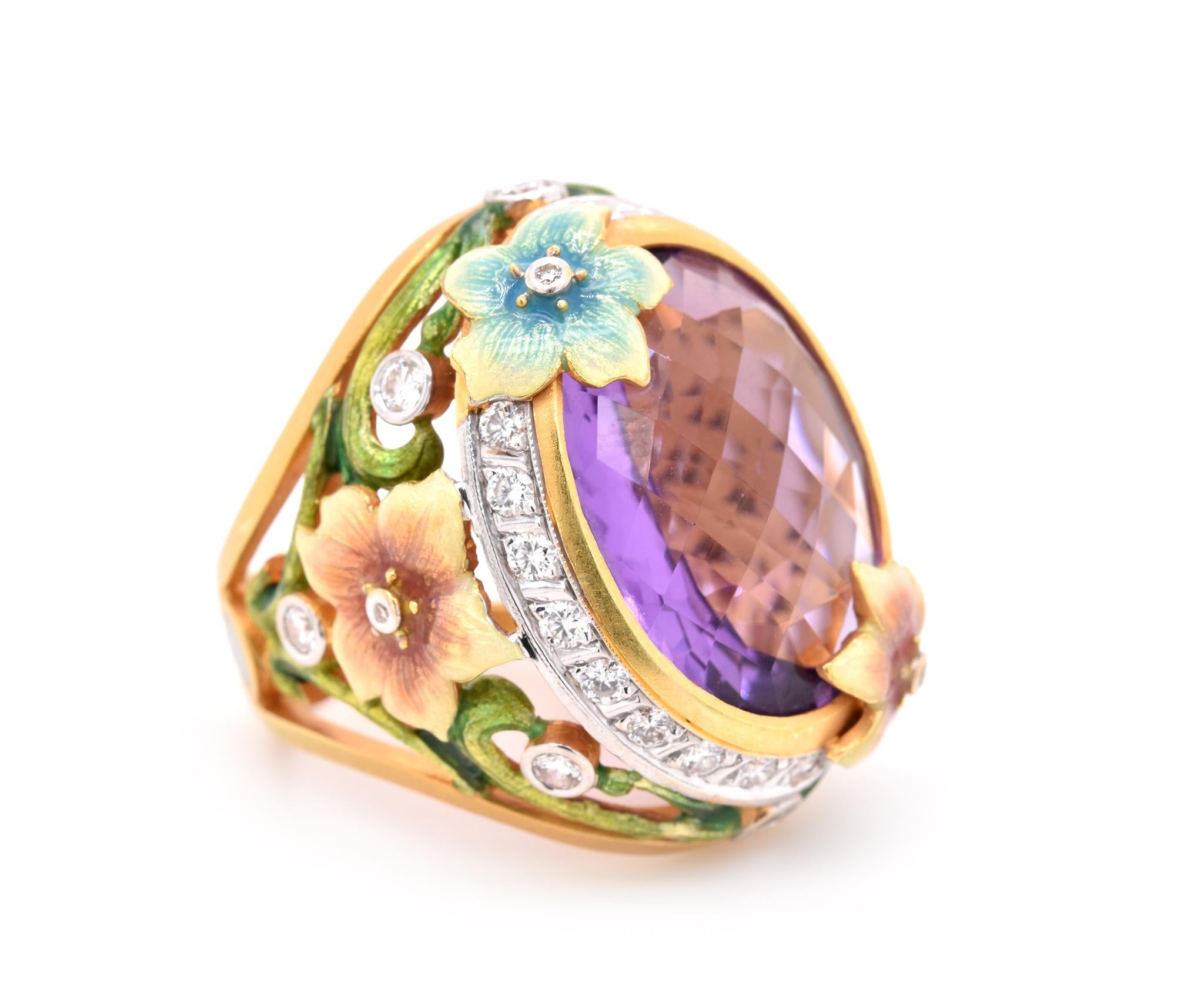 Designer: Masriera
Material: 18K yellow gold
Diamonds: 30 round brilliant cut = 1.00cttw
Color: G
Clarity: VS1
Amethyst: 1 oval cut = 14.82ct
Dimensions: ring top measures 27.7mm X 24mm
Size: 6.75
Weight: 19.22 grams
