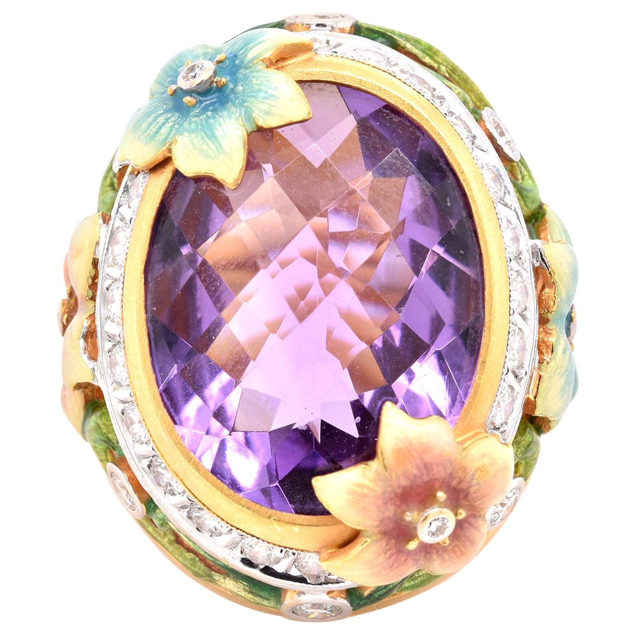 Masriera “Plique a Jour” Enamel Amethyst and Diamond Ring