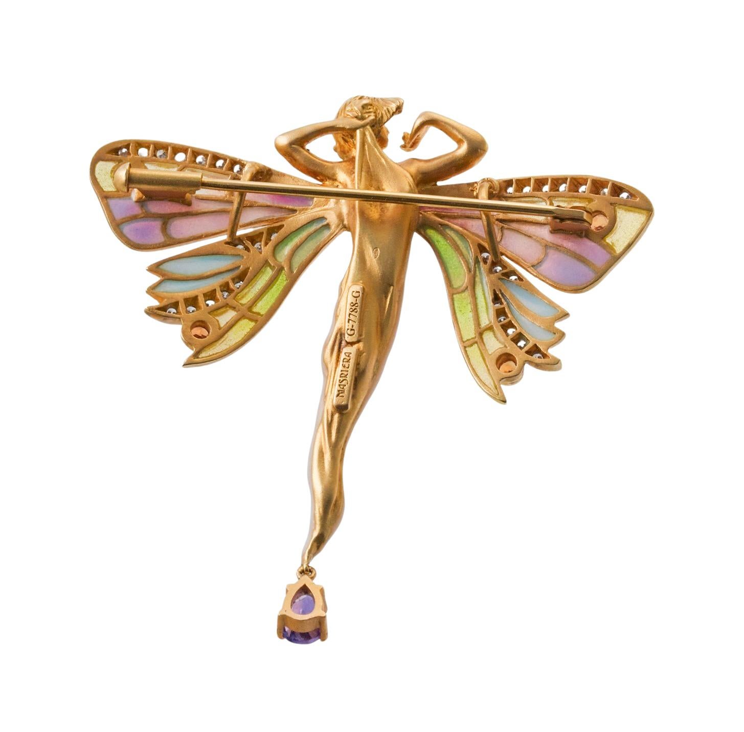Marsiera delicate 18k gold brooch, can be worn as a slide pendant, depicting a nymph fairy with wings. Decorated with Plique-a-jour enamel, diamonds, dangling amethyst and citrines. Brooch measures 55mm x 53mm. Marked: Masriera, G-7788-G. Weight of