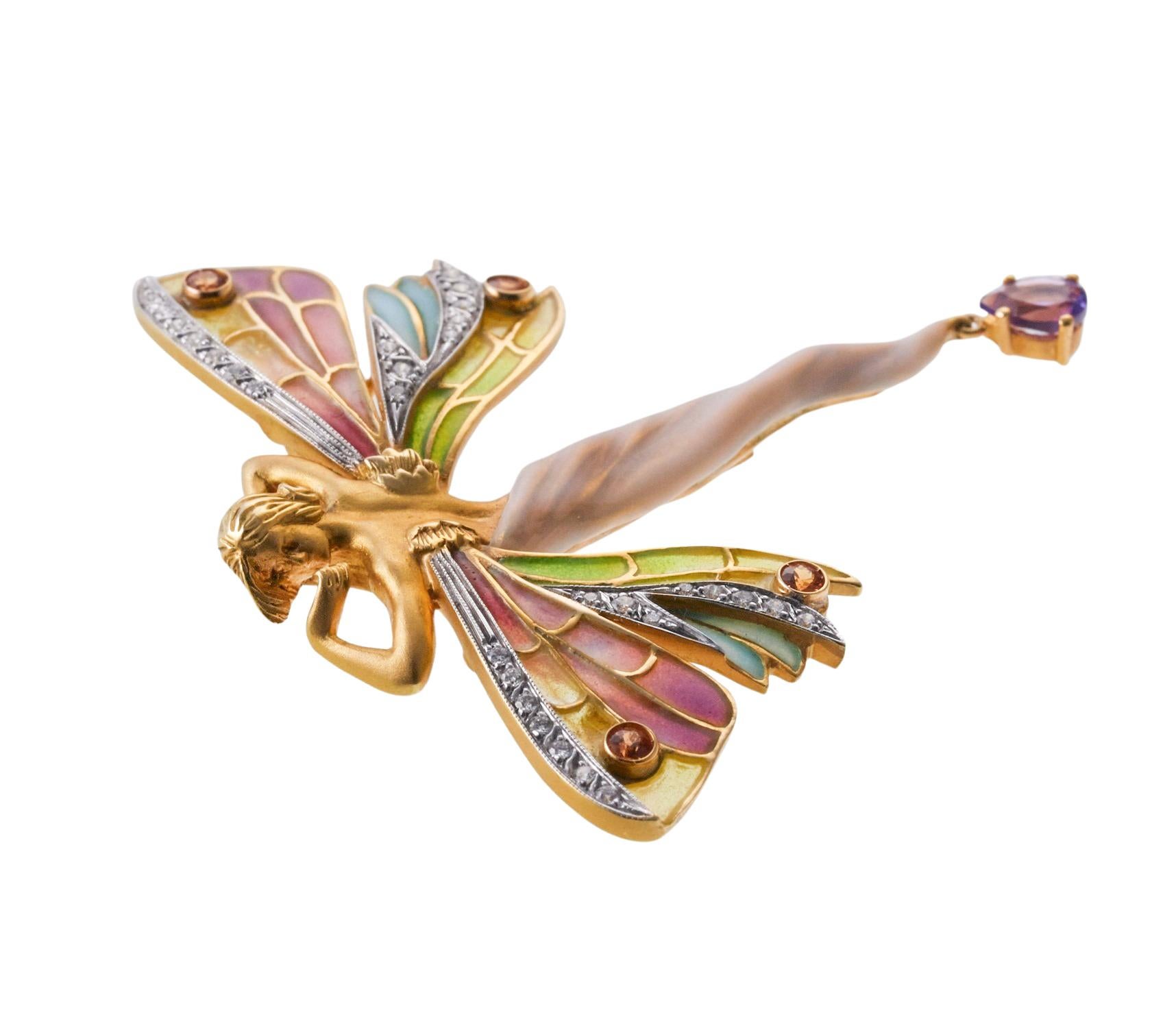 Art Nouveau Masriera Plique a Jour Enamel Citrine Amethyst Diamond  Fairy Nymph Brooch Penda