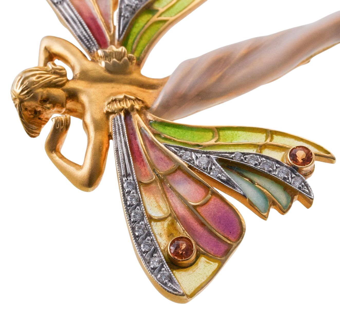 Pear Cut Masriera Plique a Jour Enamel Citrine Amethyst Diamond  Fairy Nymph Brooch Penda