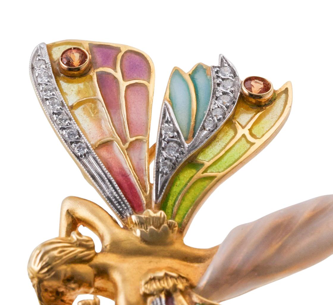 Masriera Plique a Jour Enamel Citrine Amethyst Diamond  Fairy Nymph Brooch Penda In Excellent Condition In New York, NY