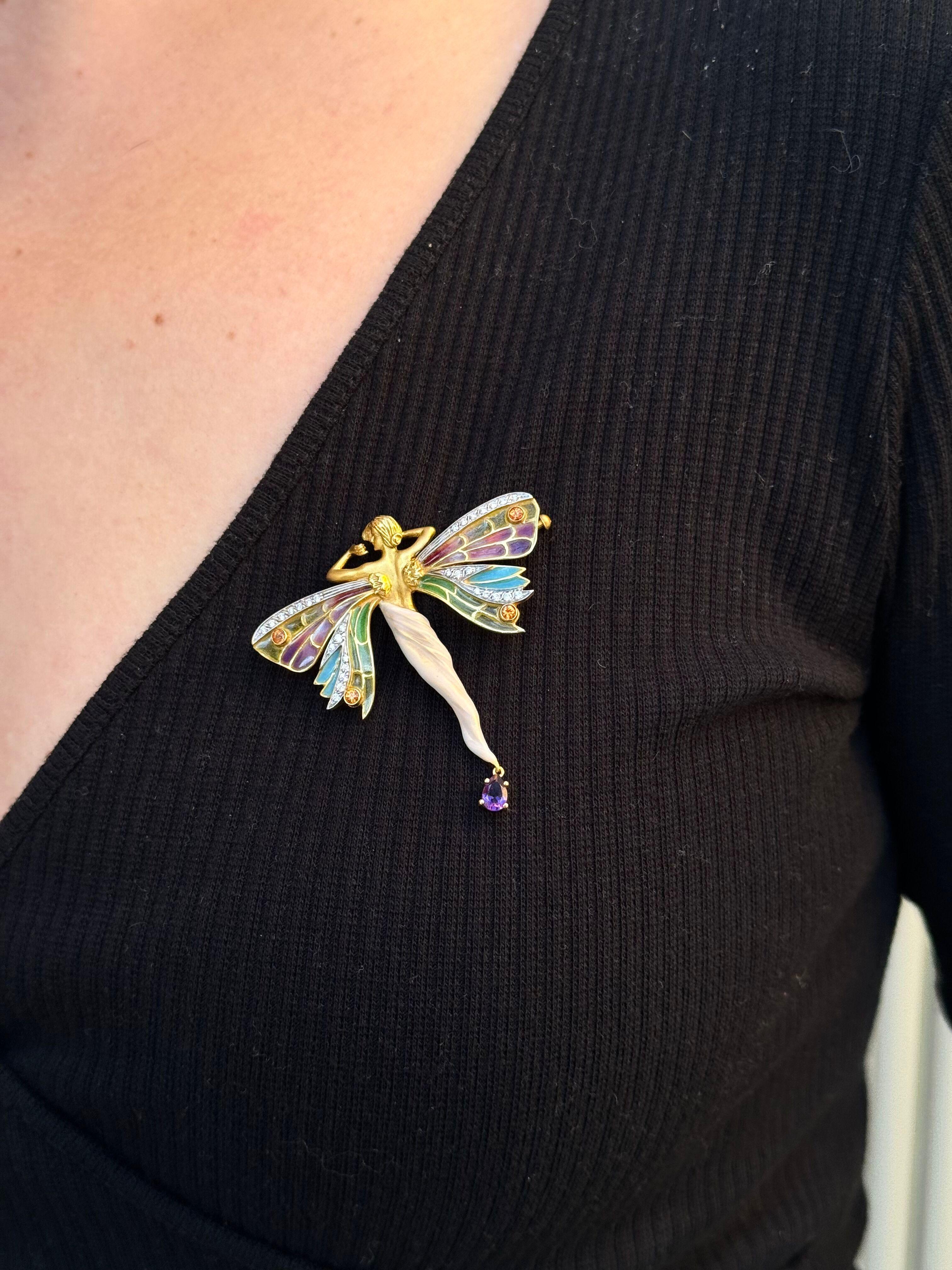 Women's Masriera Plique a Jour Enamel Citrine Amethyst Diamond  Fairy Nymph Brooch Penda