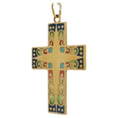 Masriera Plique-a-Jour Enamel Cross Pendant 18K Yellow Gold