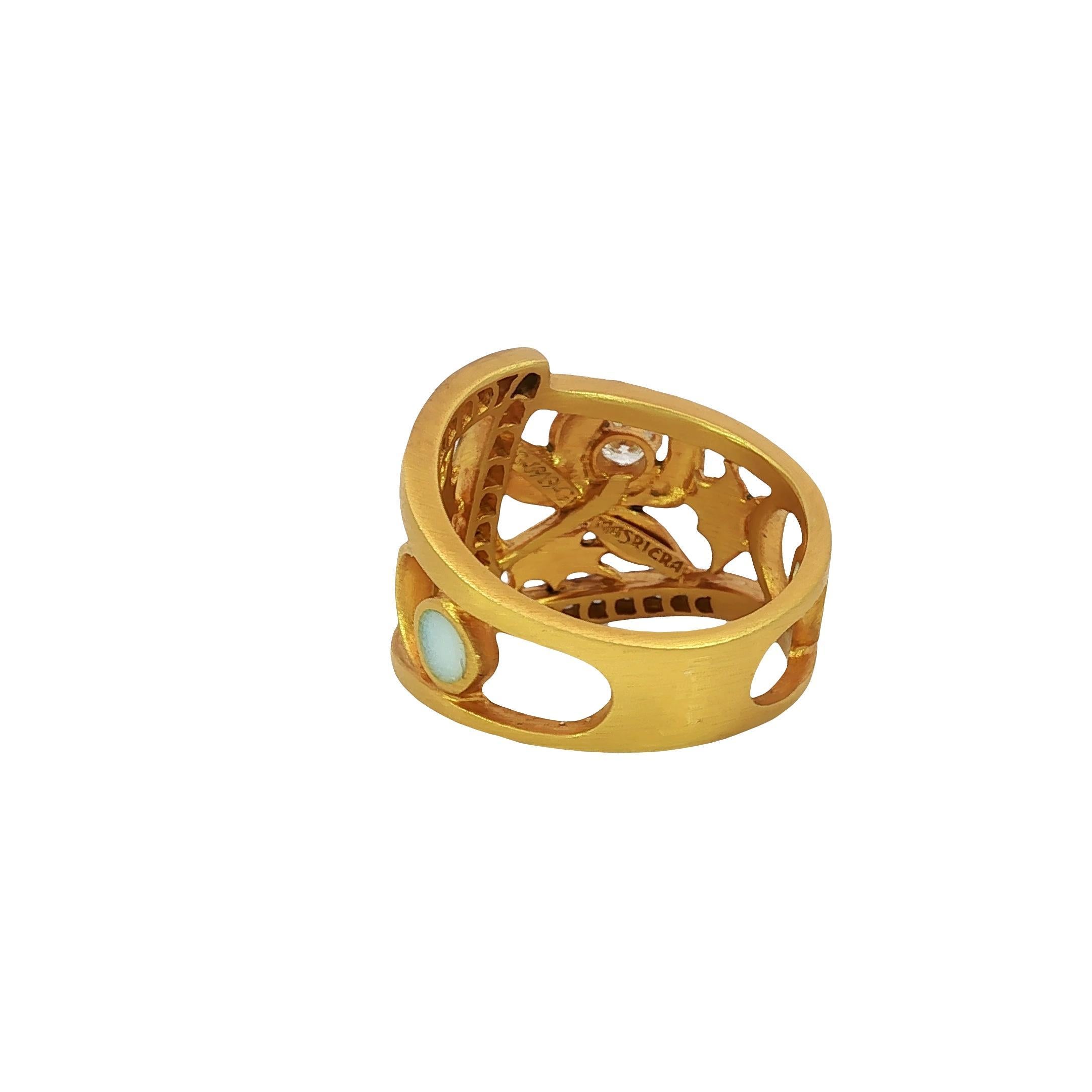 Masriera Plique-a-Jour Enamel Diamond 18K Yellow Gold Leaf Motif Ring Size 7 For Sale 4