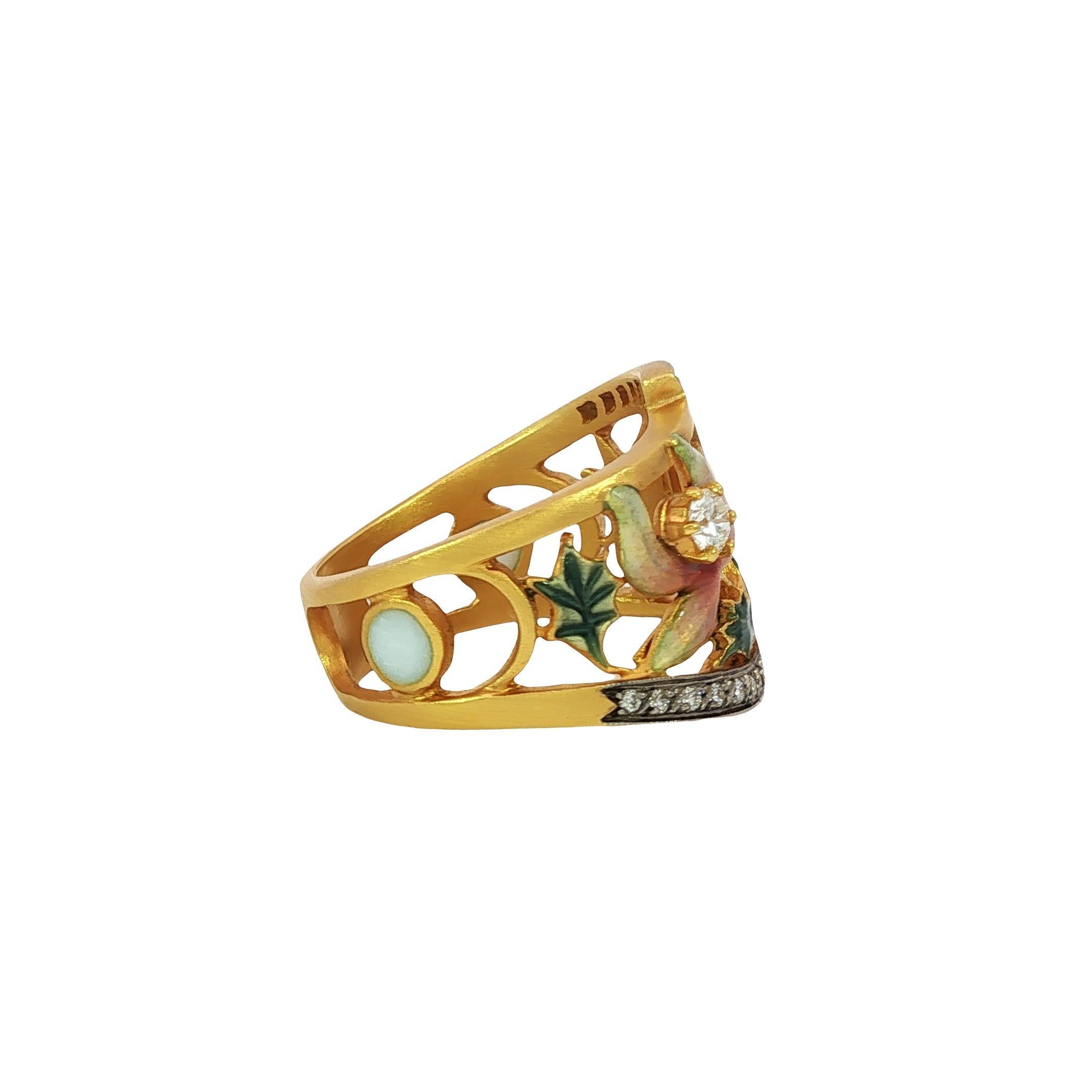Masriera Plique-a-Jour Enamel Diamond 18K Yellow Gold Leaf Motif Ring Size 7 For Sale 5