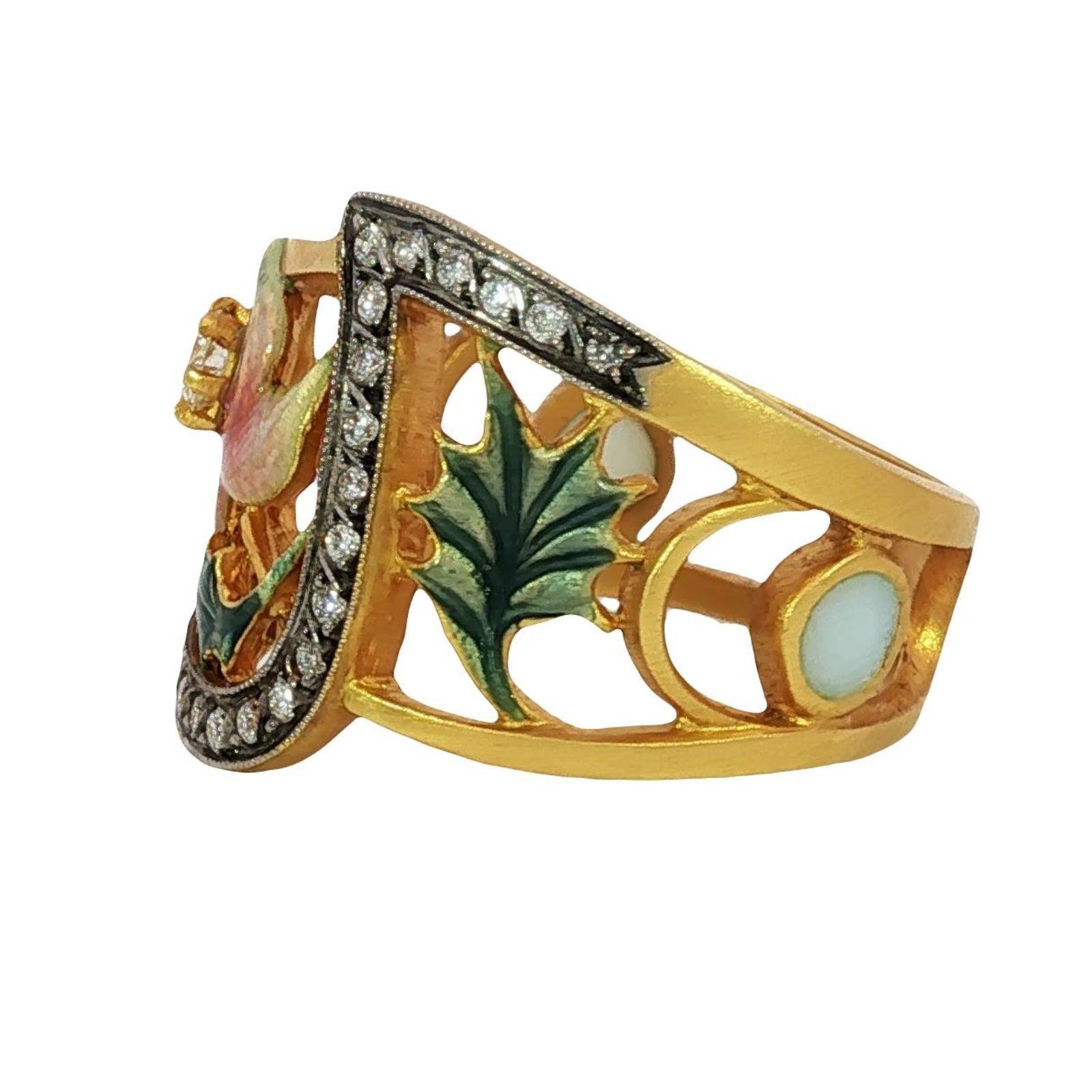 Round Cut Masriera Plique-a-Jour Enamel Diamond 18K Yellow Gold Leaf Motif Ring Size 7 For Sale