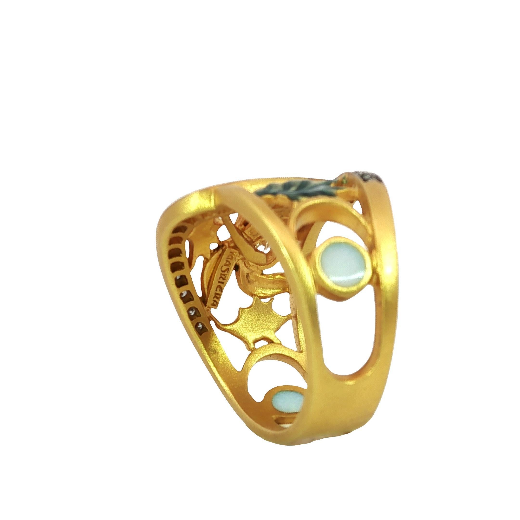 Women's Masriera Plique-a-Jour Enamel Diamond 18K Yellow Gold Leaf Motif Ring Size 7 For Sale