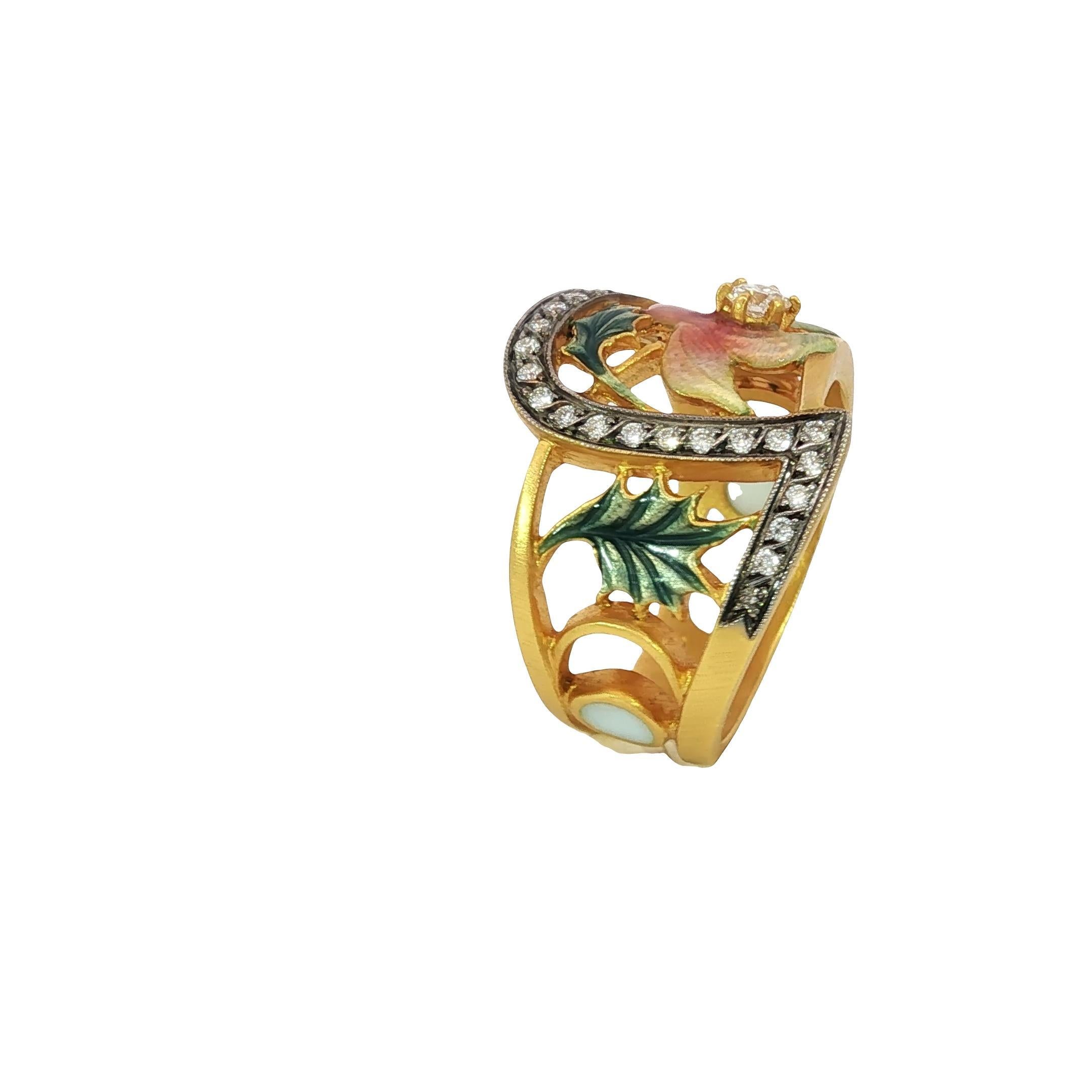 Masriera Plique-a-Jour Enamel Diamond 18K Yellow Gold Leaf Motif Ring Size 7 For Sale 1
