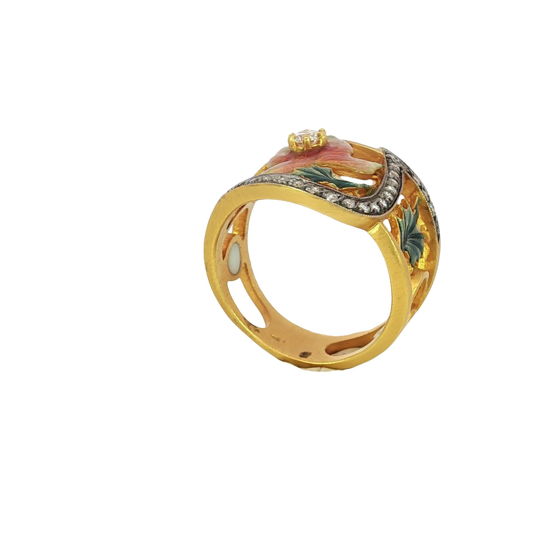 Masriera Plique-a-Jour Enamel Diamond 18K Yellow Gold Leaf Motif Ring Size 7 For Sale 2