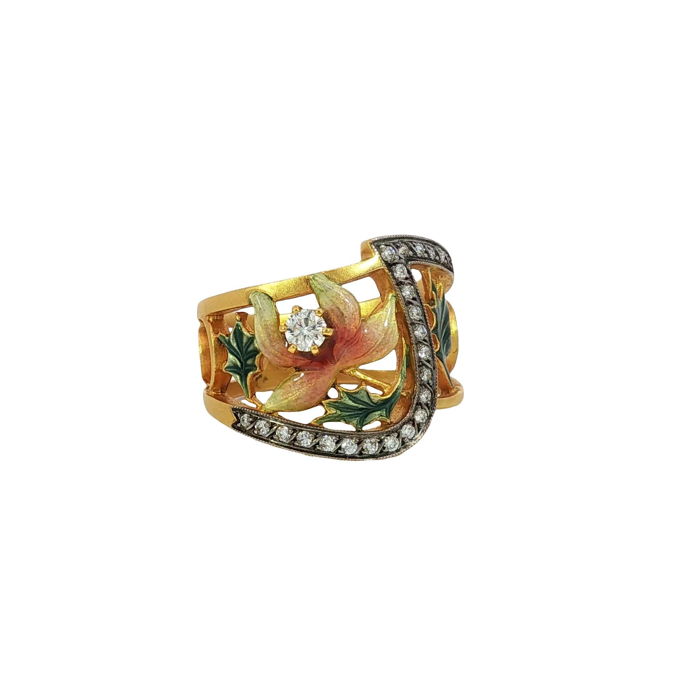 Masriera Plique-a-Jour Enamel Diamond 18K Yellow Gold Leaf Motif Ring Size 7 For Sale 3