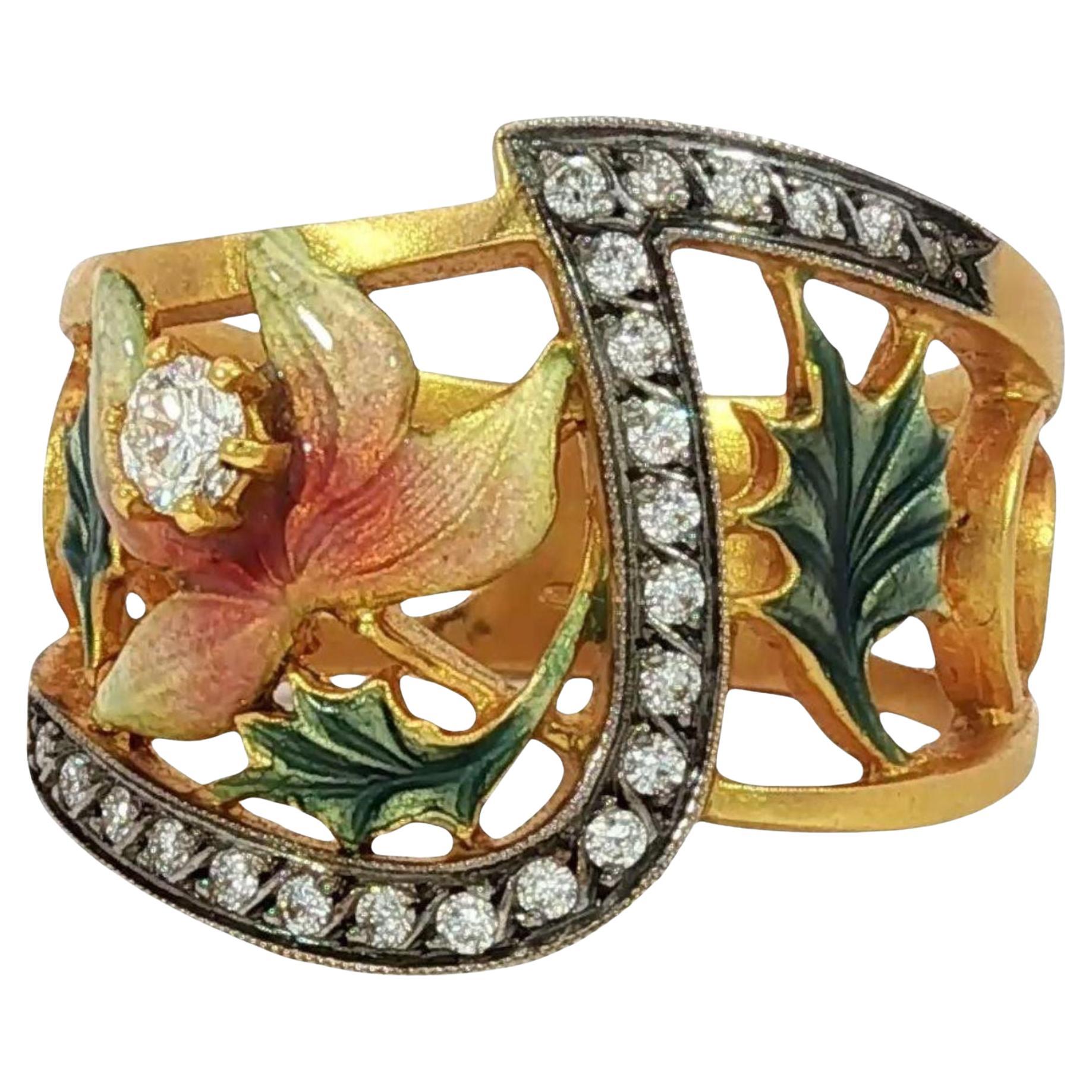 Masriera Plique-a-Jour Enamel Diamond 18K Yellow Gold Leaf Motif Ring Size 7 For Sale