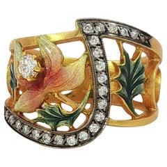 Masriera Plique-a-Jour Enamel Diamond 18K Yellow Gold Leaf Motif Ring Size 7