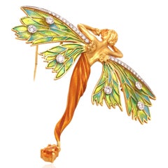 Masriera, Plique-a-jour Enamel Diamond Gold Nymph Brooch, Certificate
