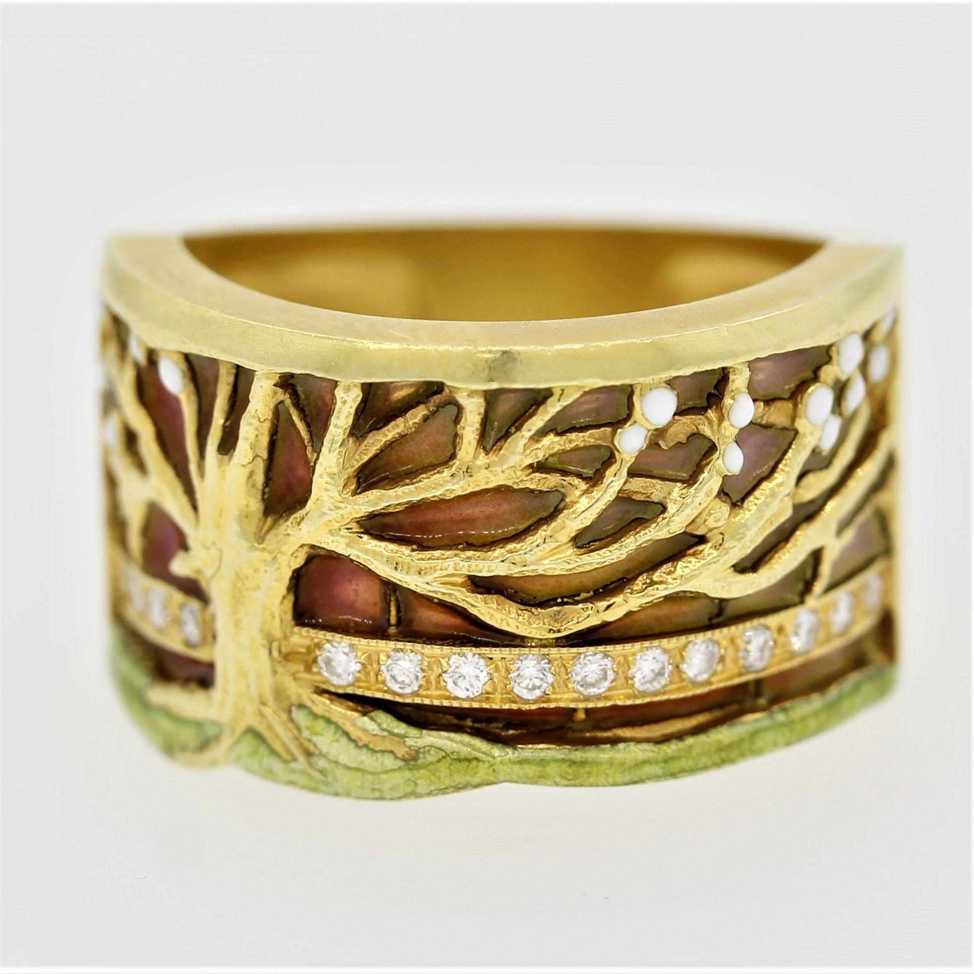 A special piece from renowned Spanish designer based in Barcelona, Masriera. In their typical style this piece features hand painted enamel over gold and enamel without a backing which is called “plique-a-jour’ in French. It is like a stained-glass