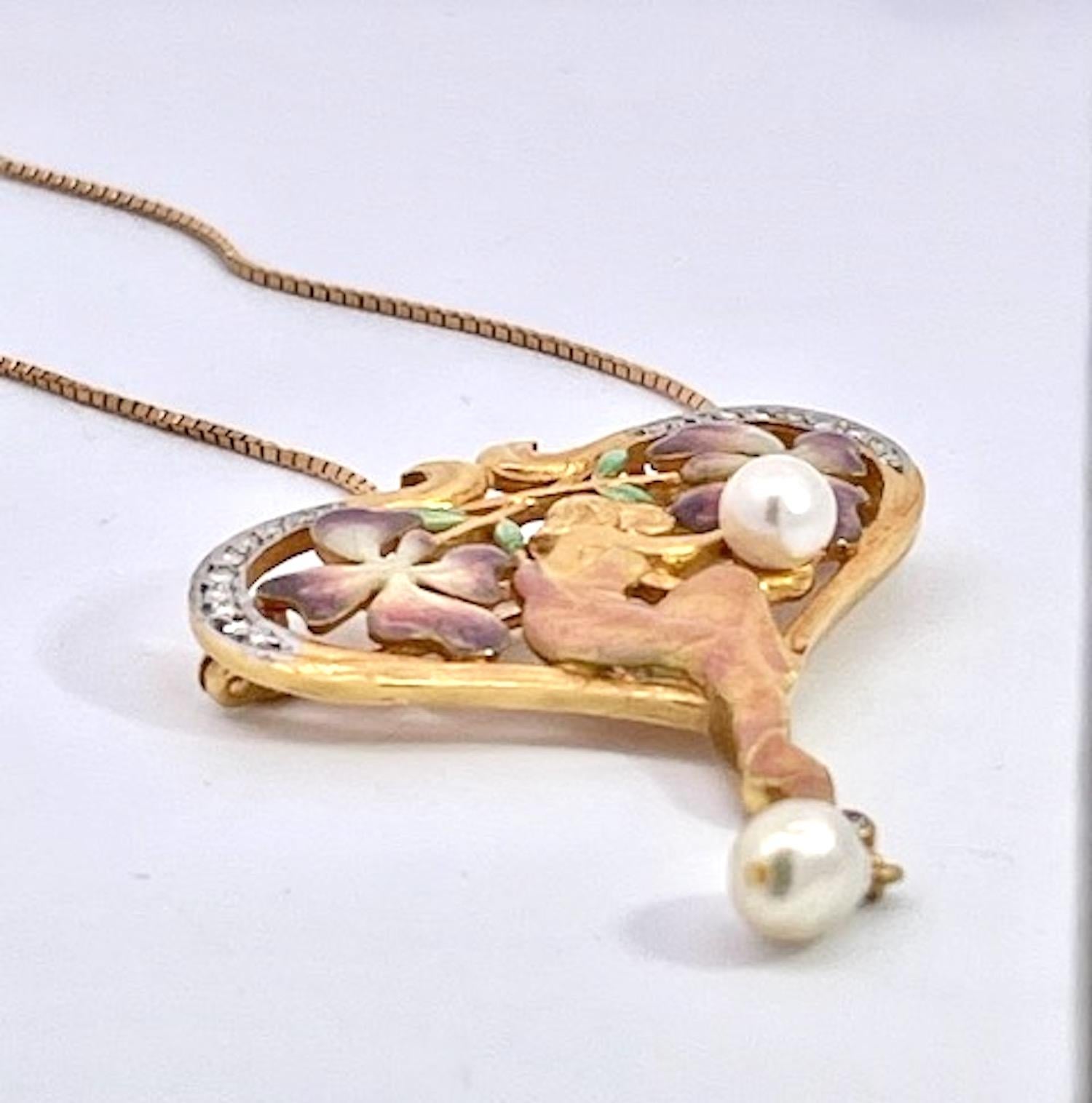 Art Deco Masriera Plique a Jour Pendant Necklace 18K For Sale