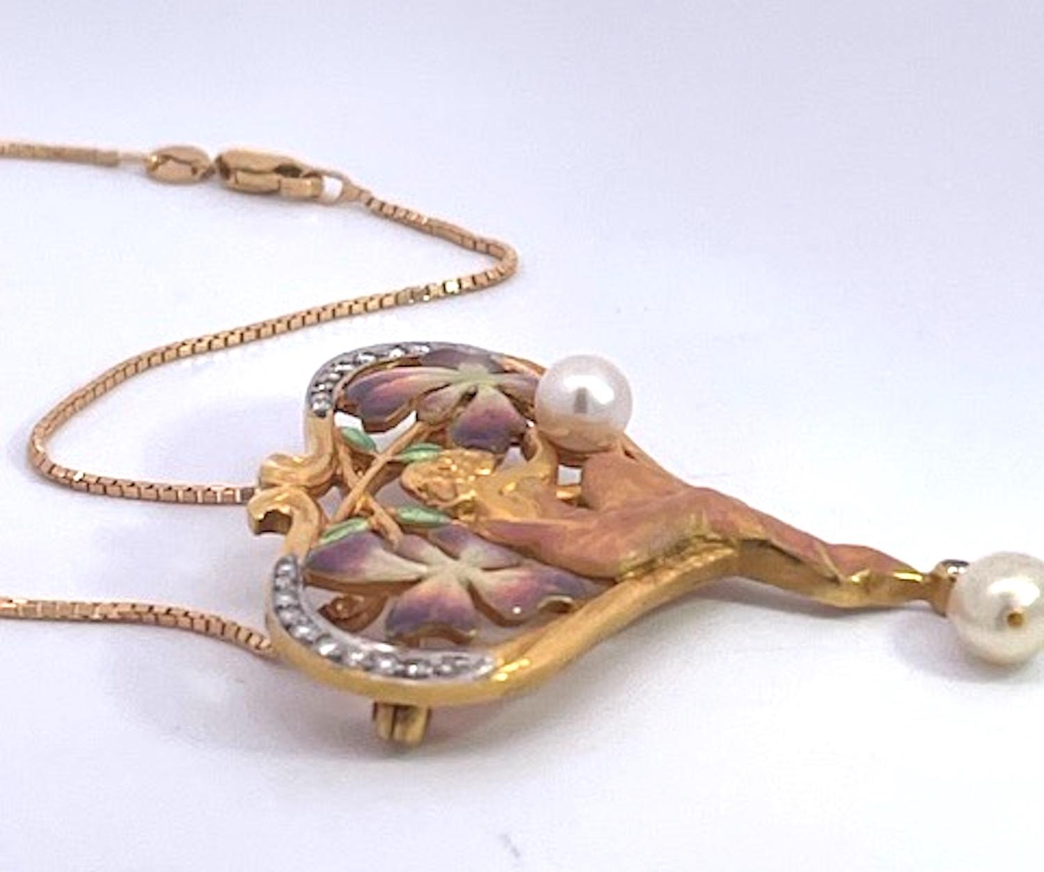 Women's Masriera Plique a Jour Pendant Necklace 18K For Sale