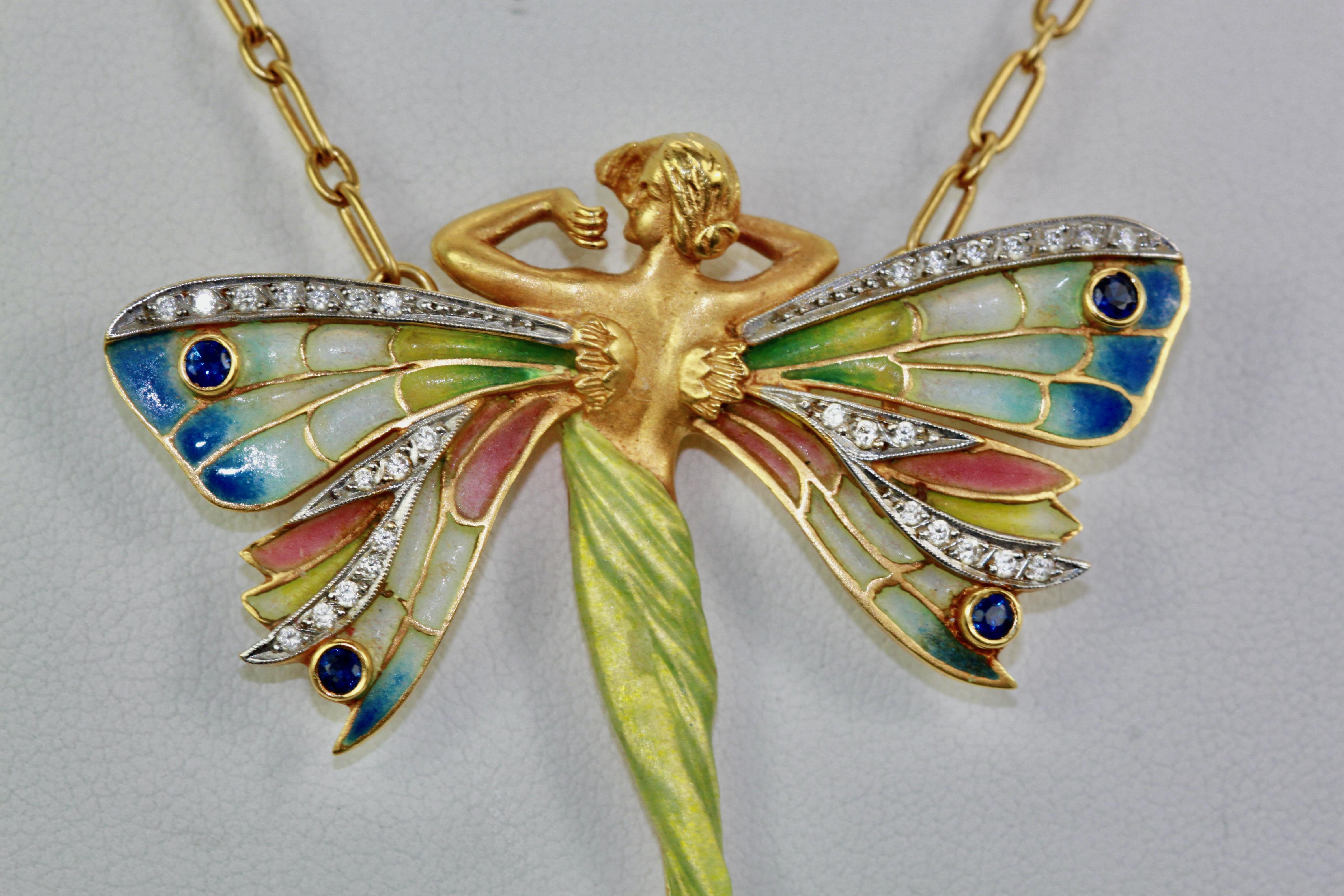 Masriera Plique a Jour Winged Lady Brooch and Pendant In Excellent Condition In North Hollywood, CA