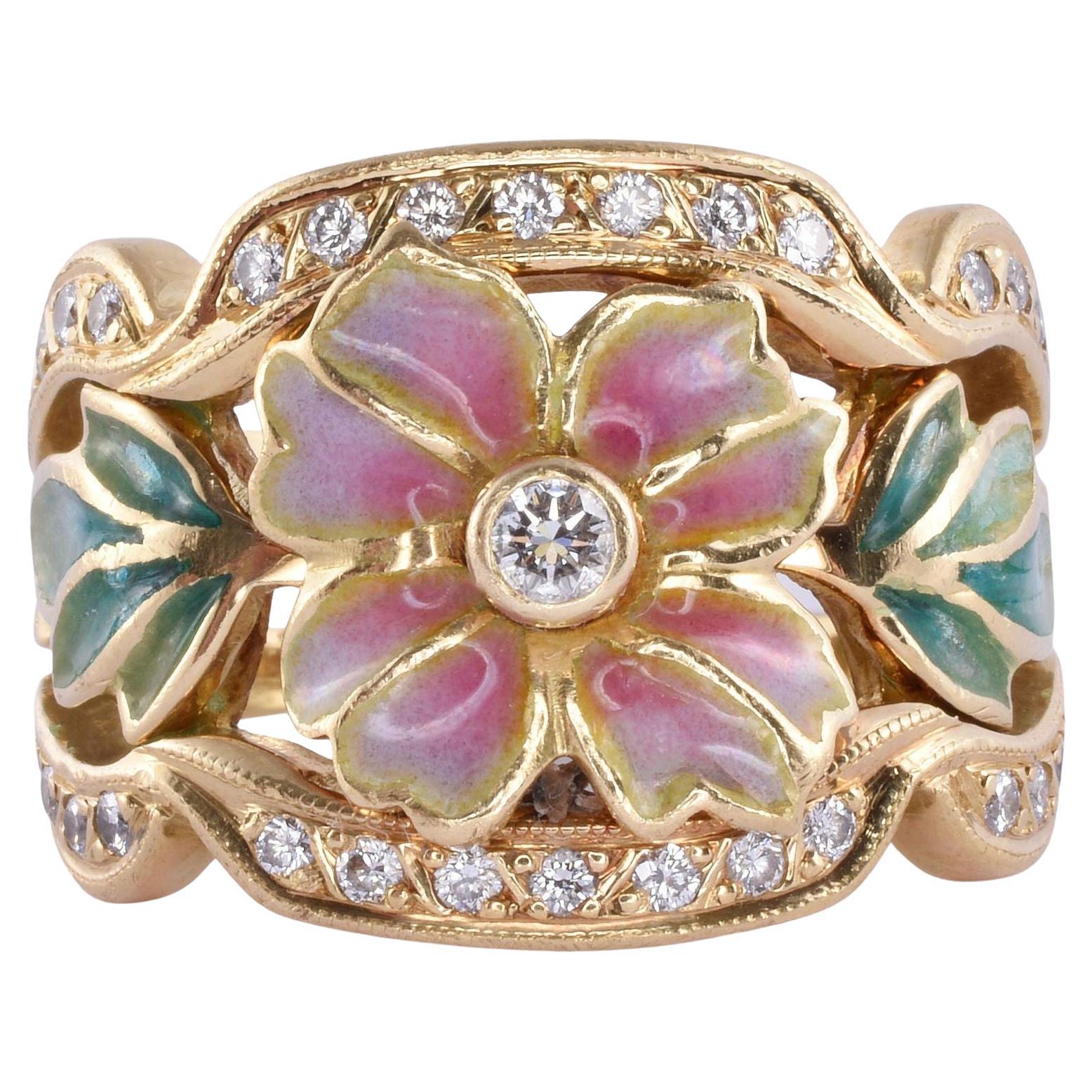 Masriera Signed Enamel Flower & Diamond 18k Ring